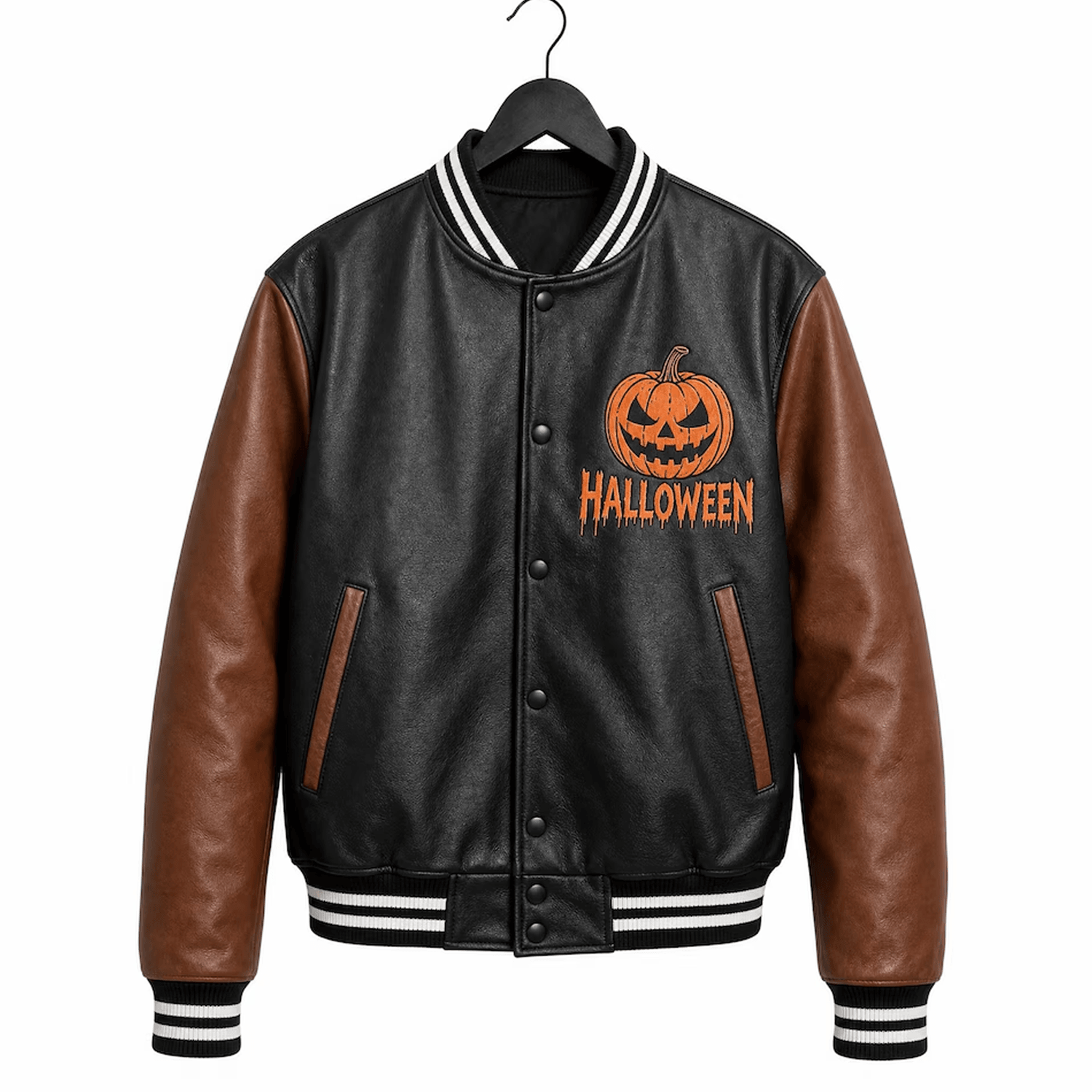 unisex halloween varsity jacket, spooky horror graphic jacket, gothic halloween streetwear, scary season gift
