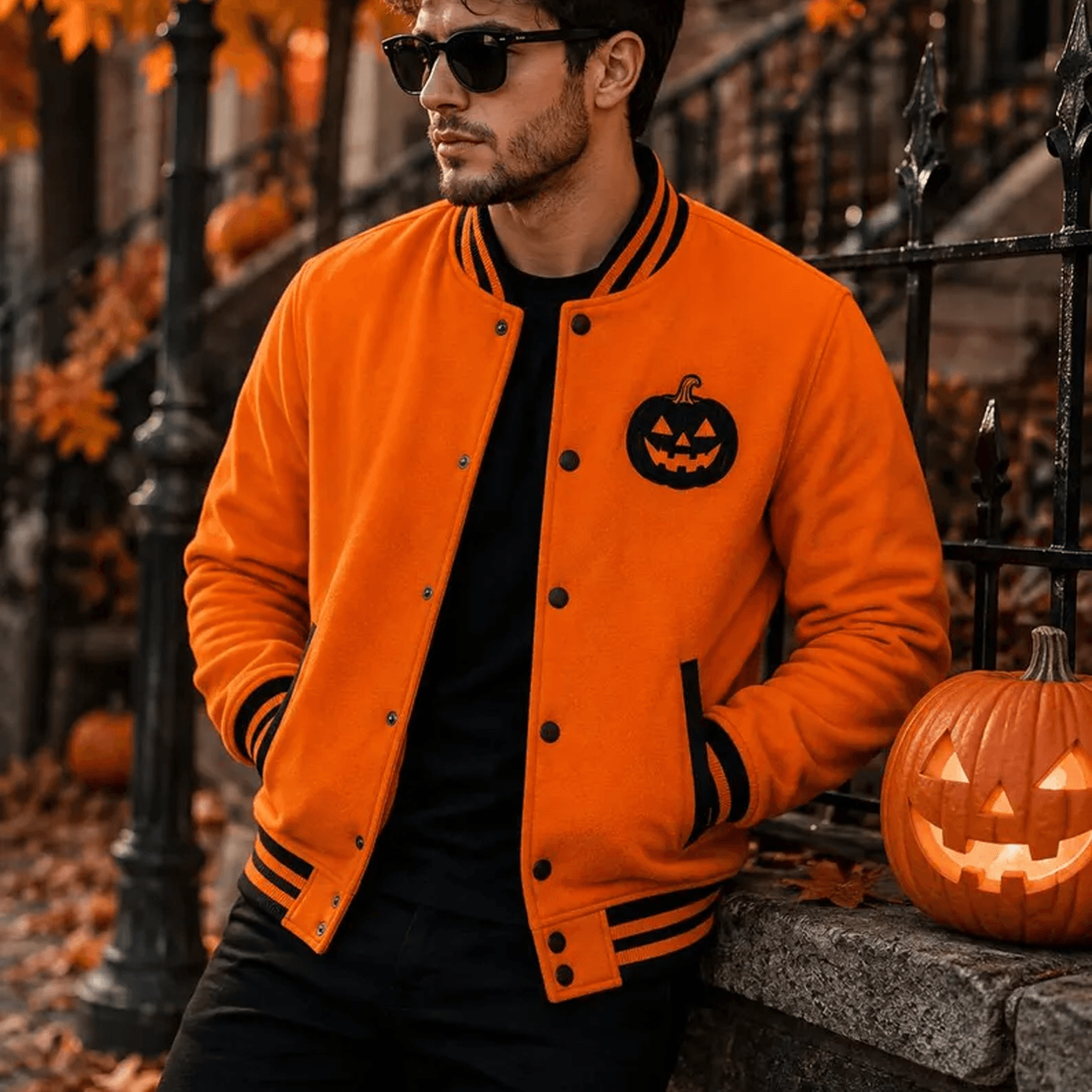 unisex halloween varsity jacket, orange black jack o lantern pumpkin graphic, gothic spooky season jacket, halloween gif