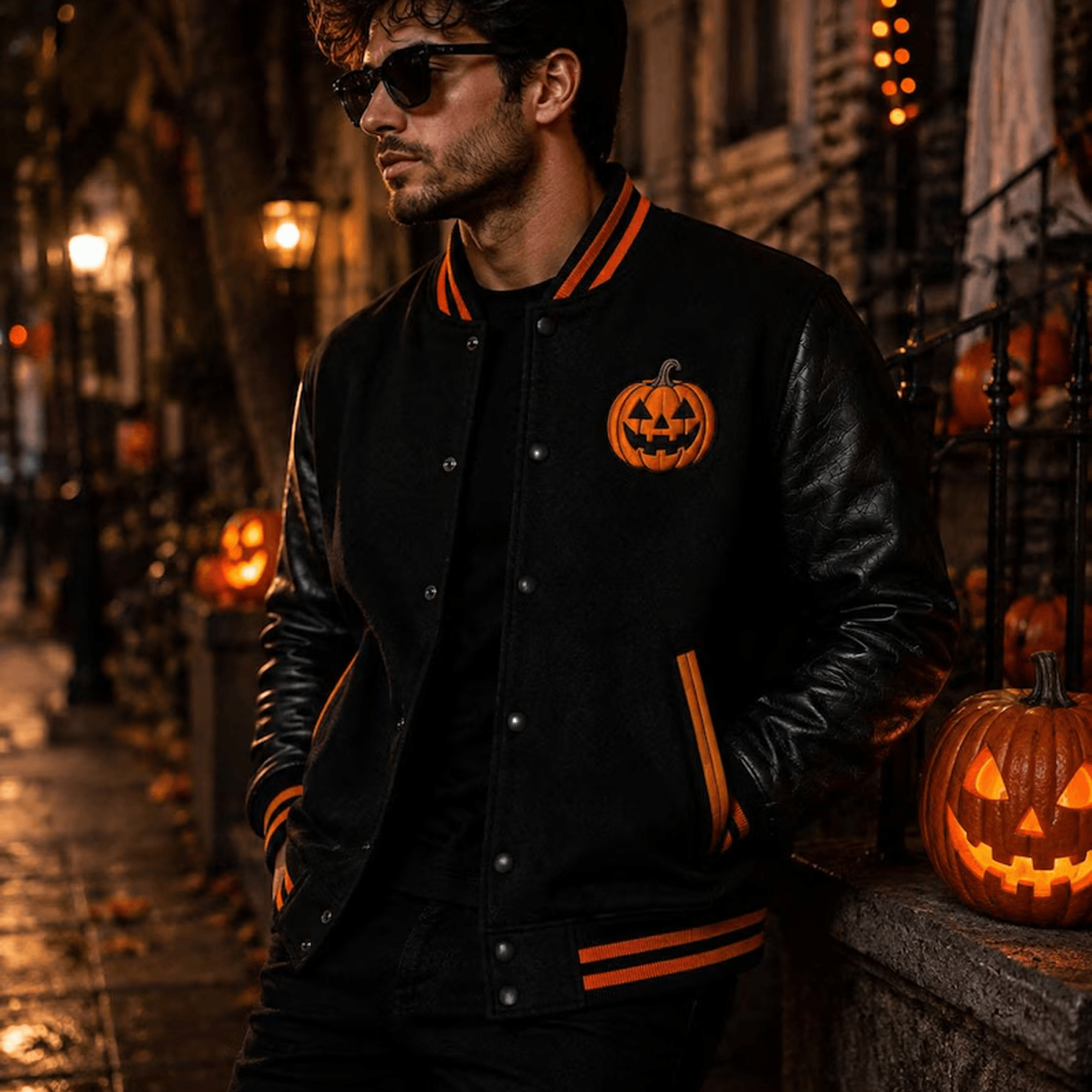 unisex halloween varsity jacket, pumpkin ghost skeleton haunted house graphic, black orange spooky jacket