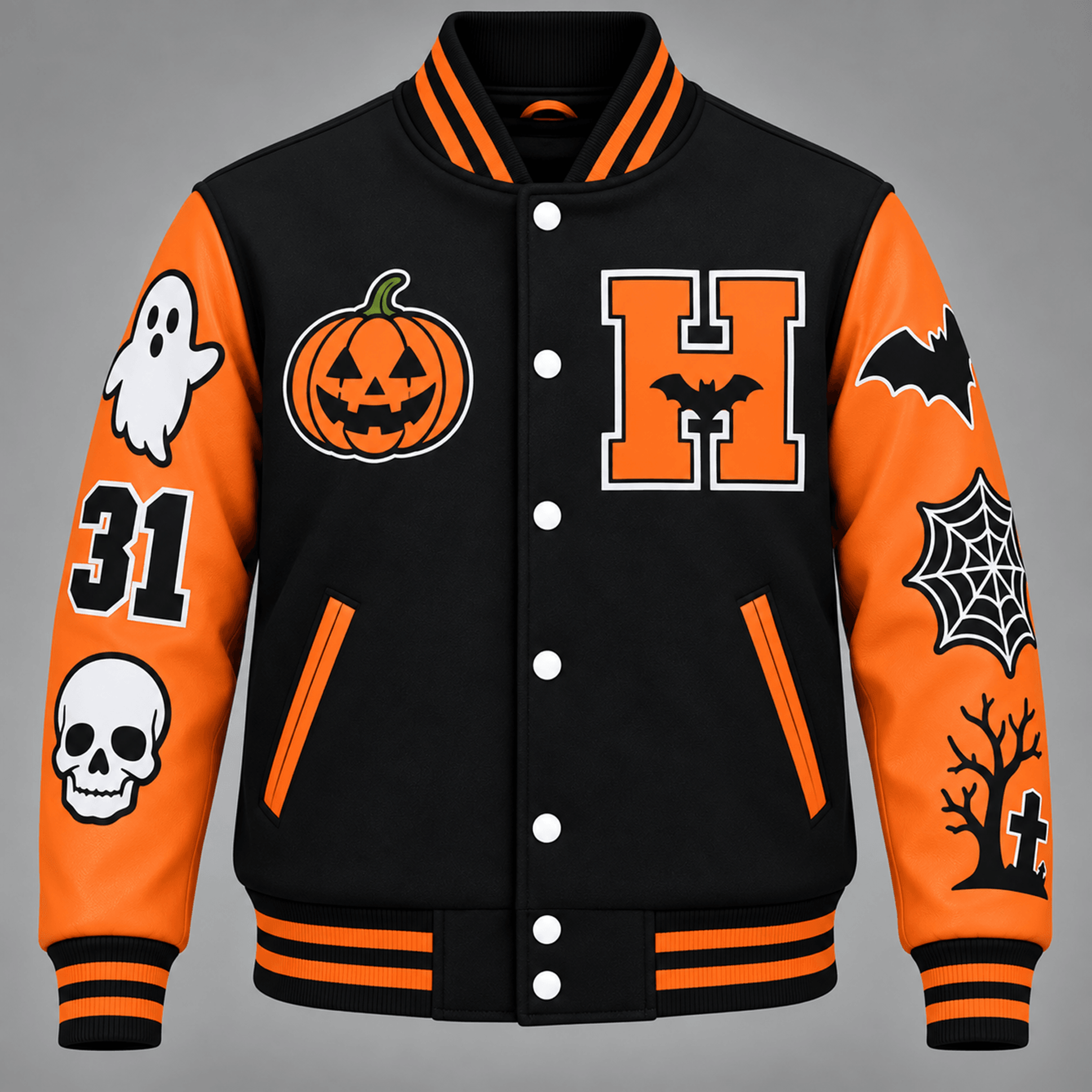 personalized unisex halloween varsity jacket, custom name spooky pumpkin graphic jacket, personalized halloween gift