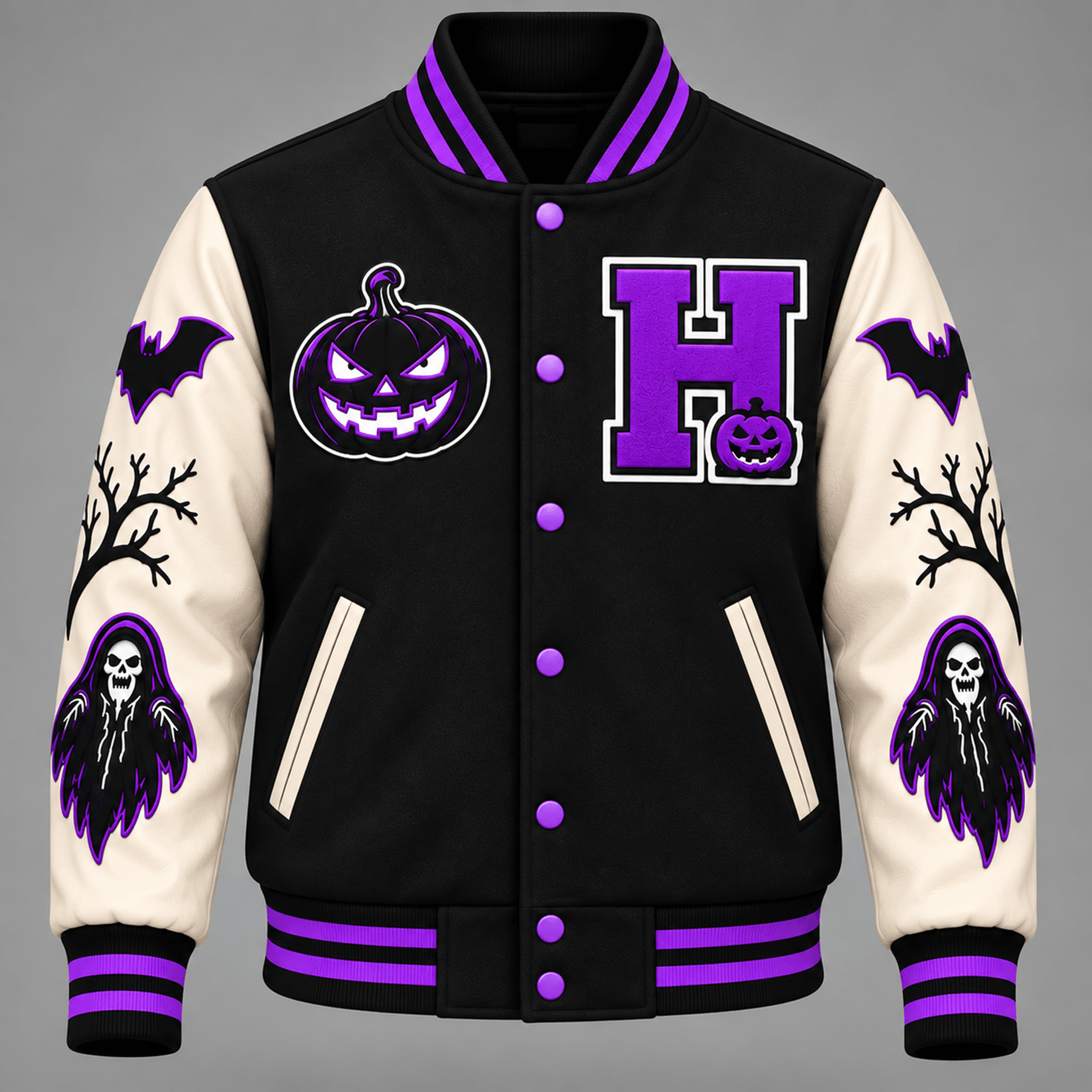 unisex halloween varsity jacket, gothic haunted horror graphic, dark spooky season jacket, alternative halloween gift