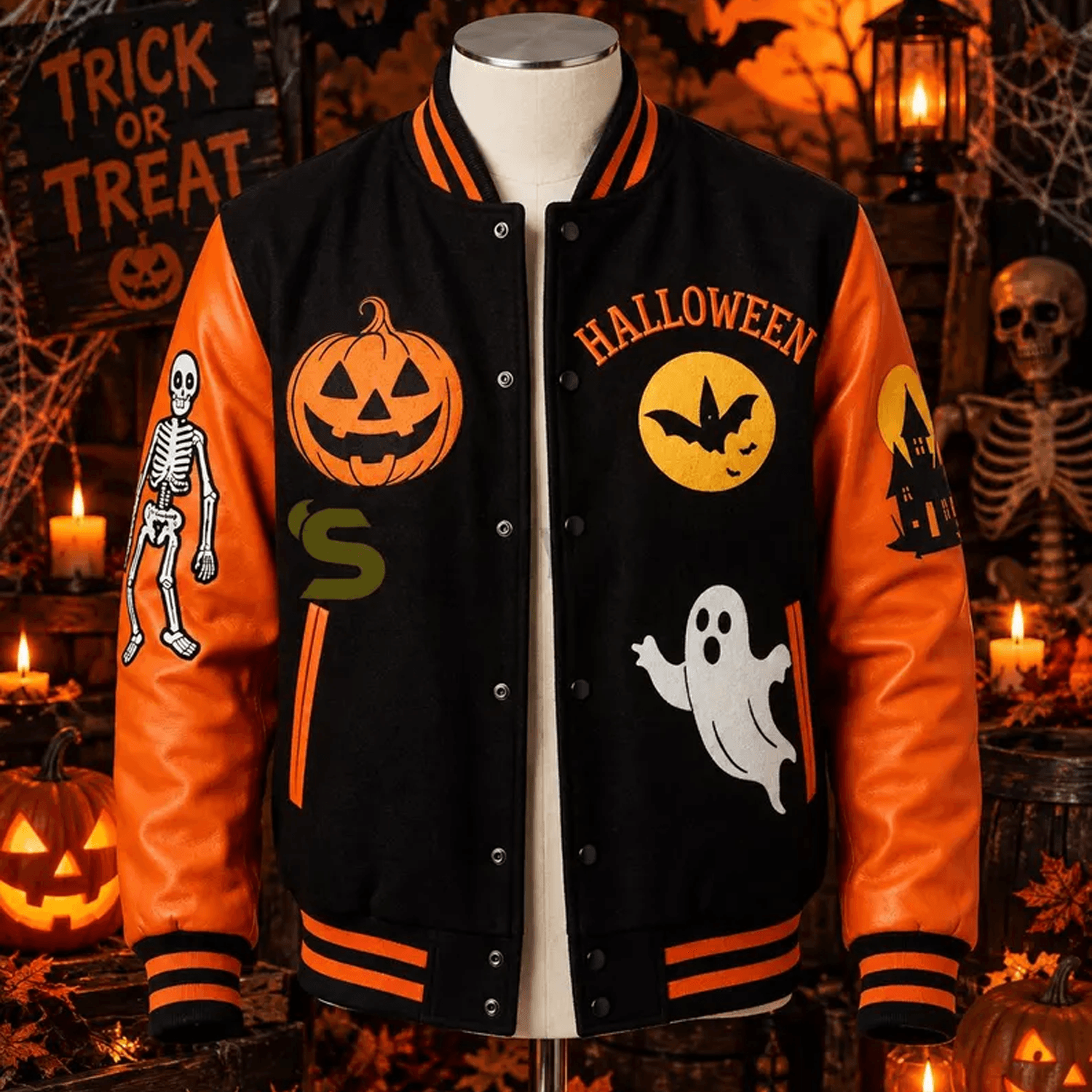 unisex halloween varsity jacket, black orange jack o lantern ghost skeleton graphic, spooky season jacket