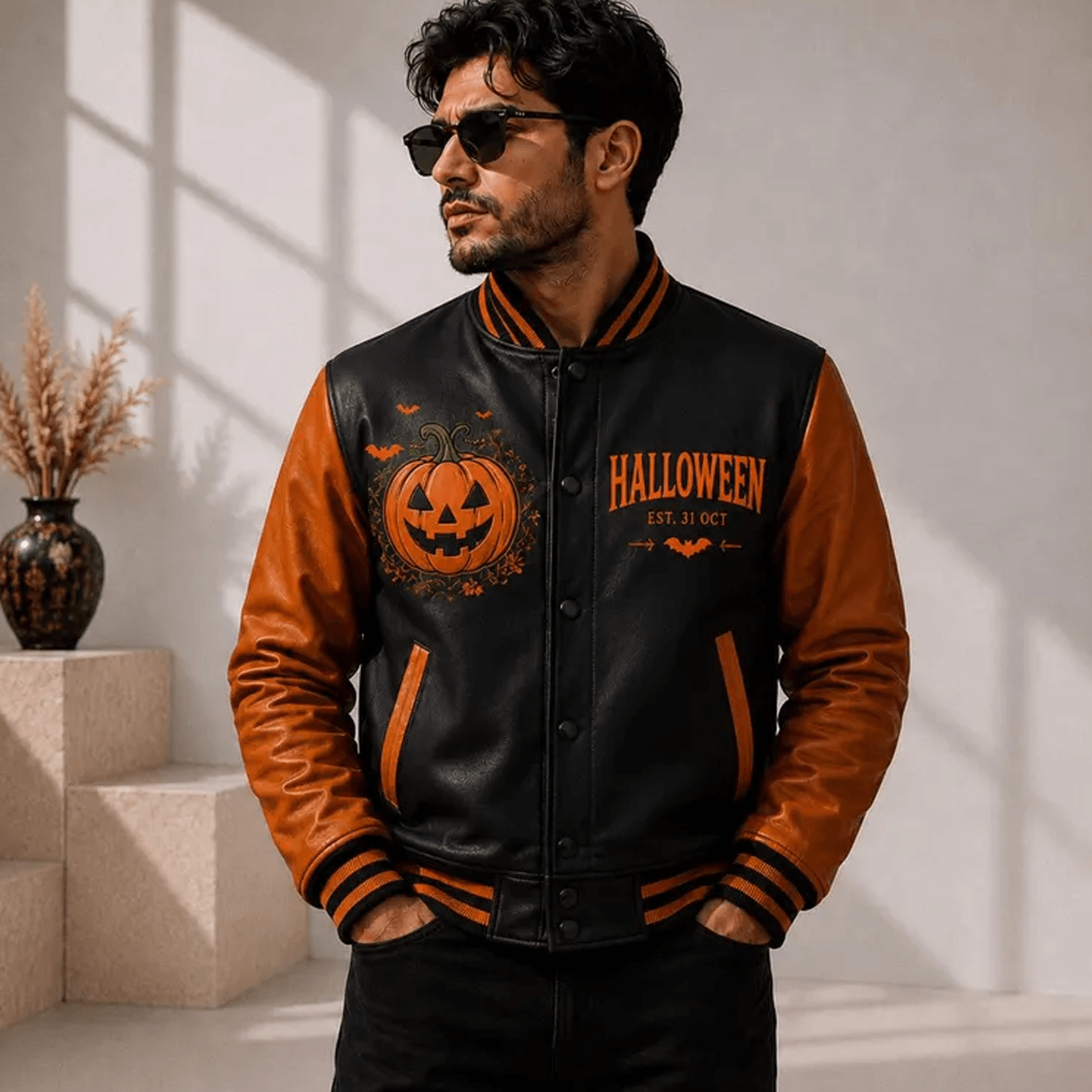 unisex halloween varsity jacket, horror skull skeleton graphic, gothic scary spooky season jacket, halloween gift
