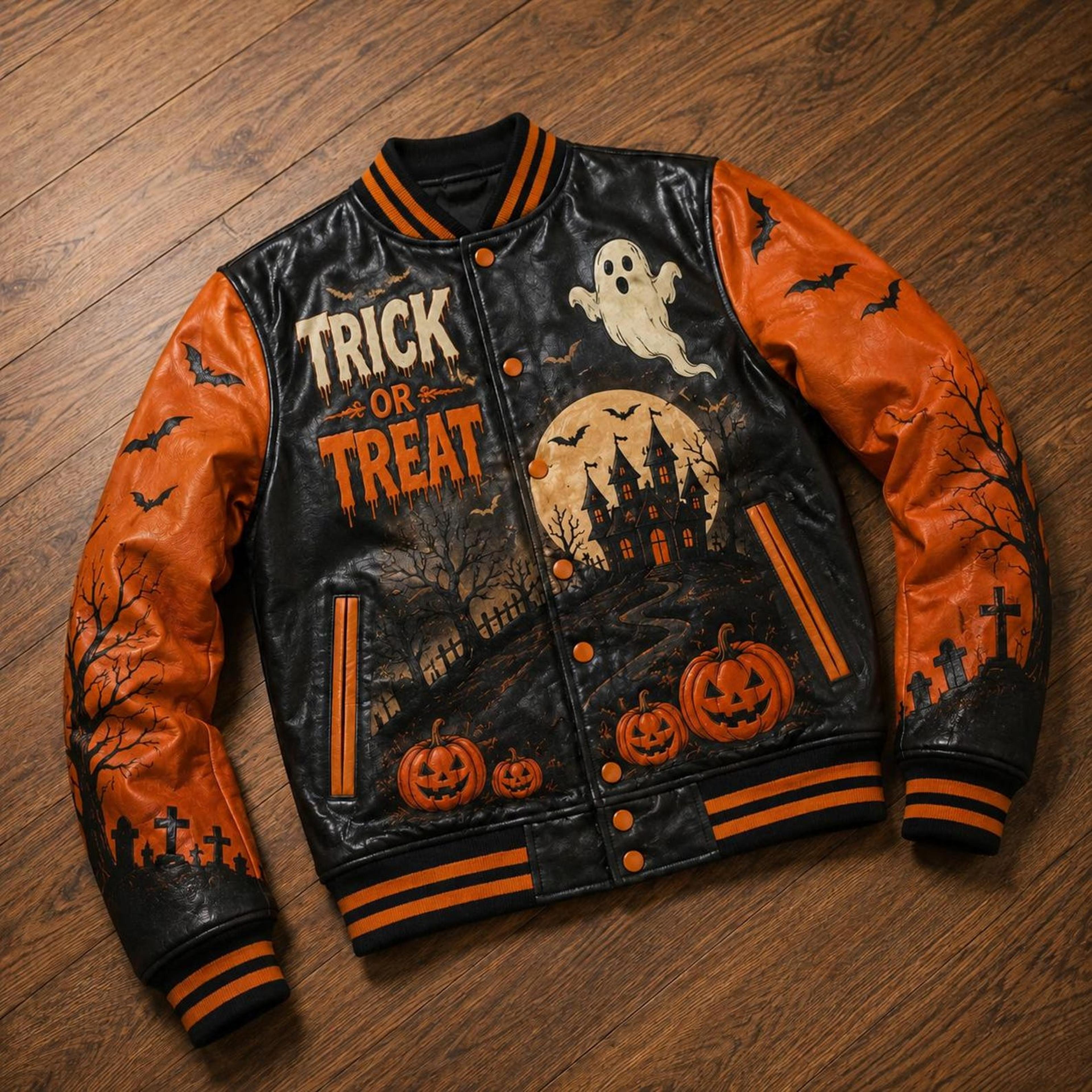 unisex halloween varsity jacket, jack o lantern pumpkin graphic, spooky gothic october jacket, halloween gift
