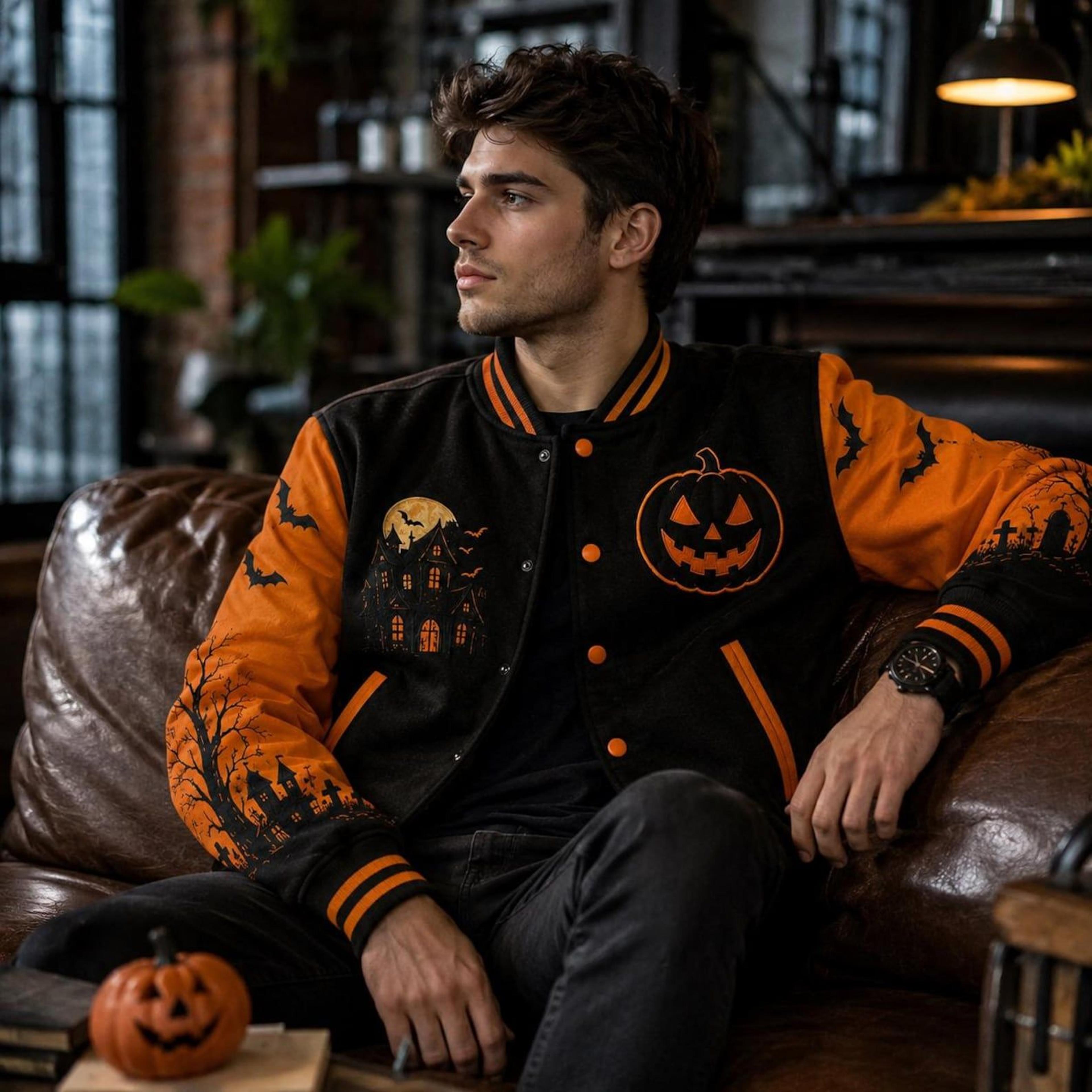 unisex halloween varsity jacket, haunted pumpkin skull gothic graphic, spooky horror october jacket, halloween gift
