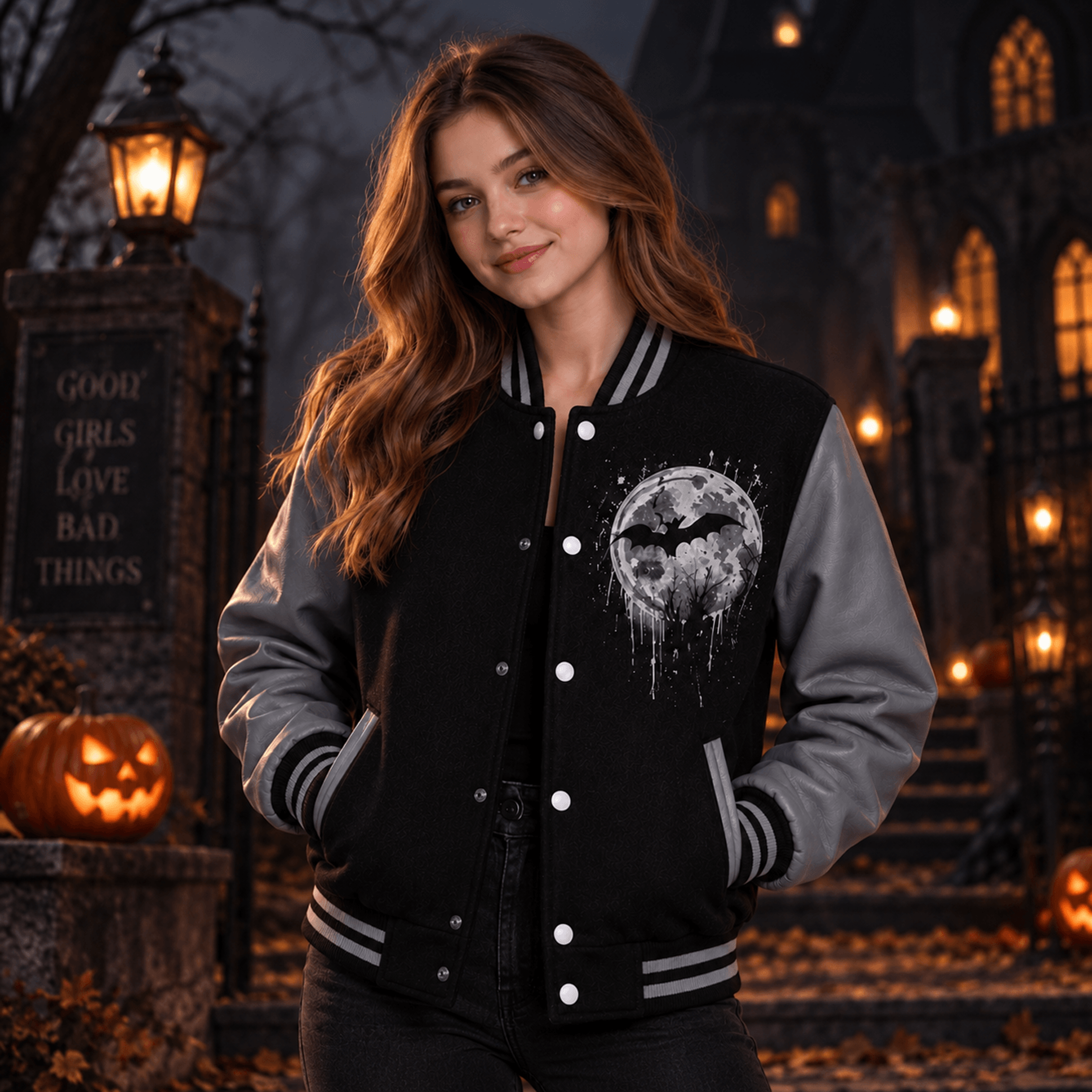 unisex halloween varsity jacket, till death witch haunted castle pumpkin graphic, gothic spooky season jacket
