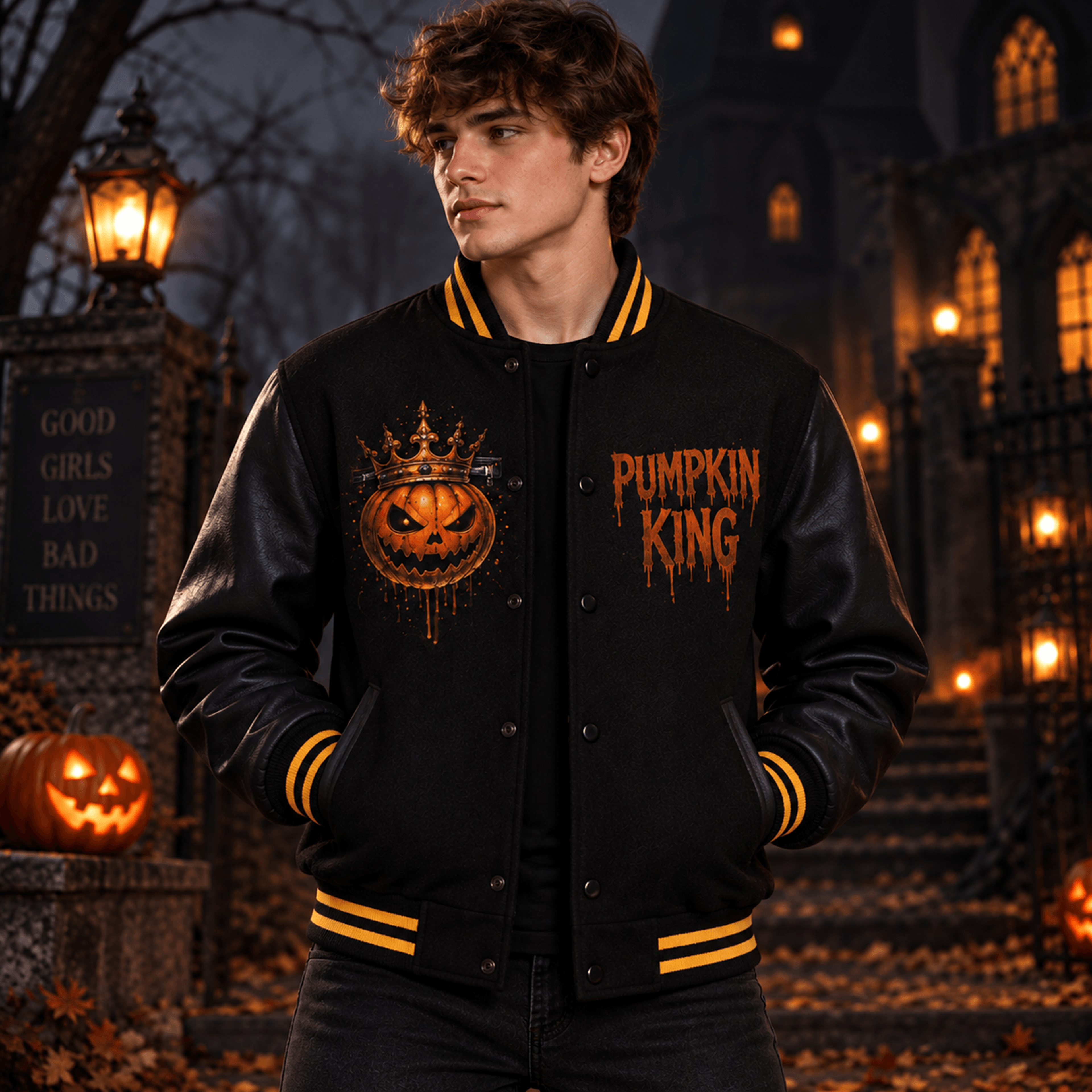 unisex halloween varsity jacket, pumpkin king jack o lantern graphic, gothic black orange spooky season jacket