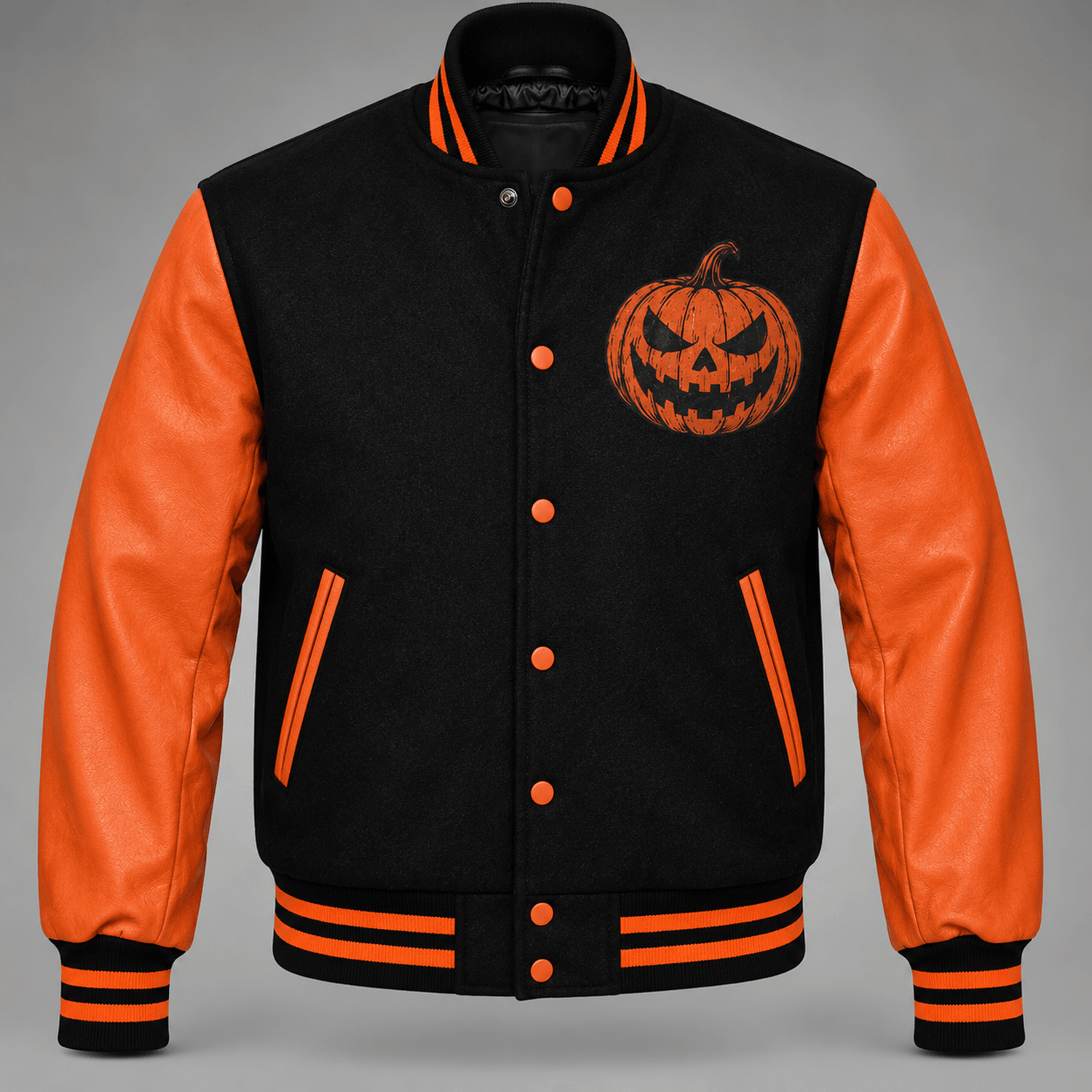 unisex halloween varsity jacket, scary jack o lantern pumpkin graphic, black orange spooky season jacket