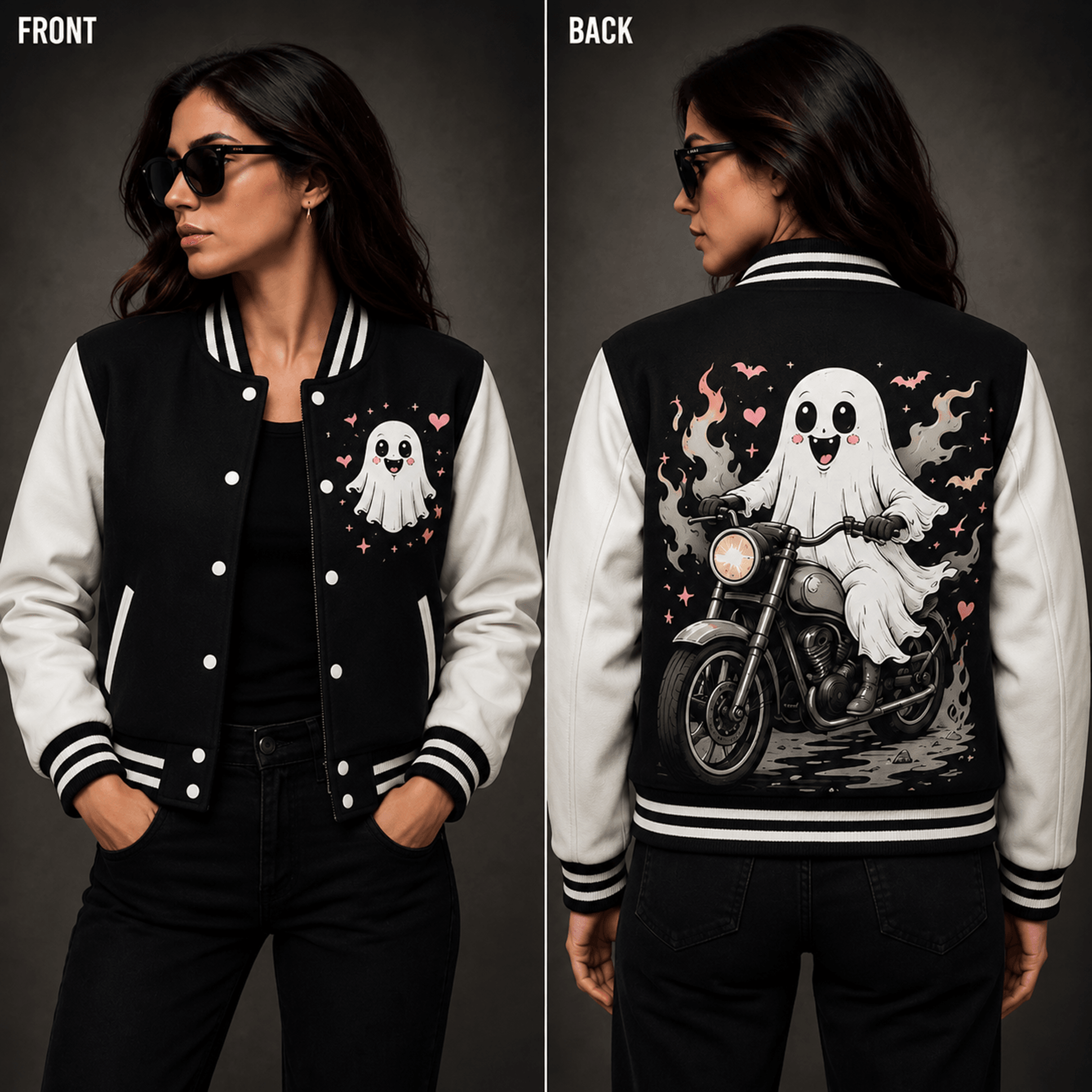 unisex halloween varsity jacket, cute ghost motorcycle graphic, black white spooky biker jacket, halloween gift