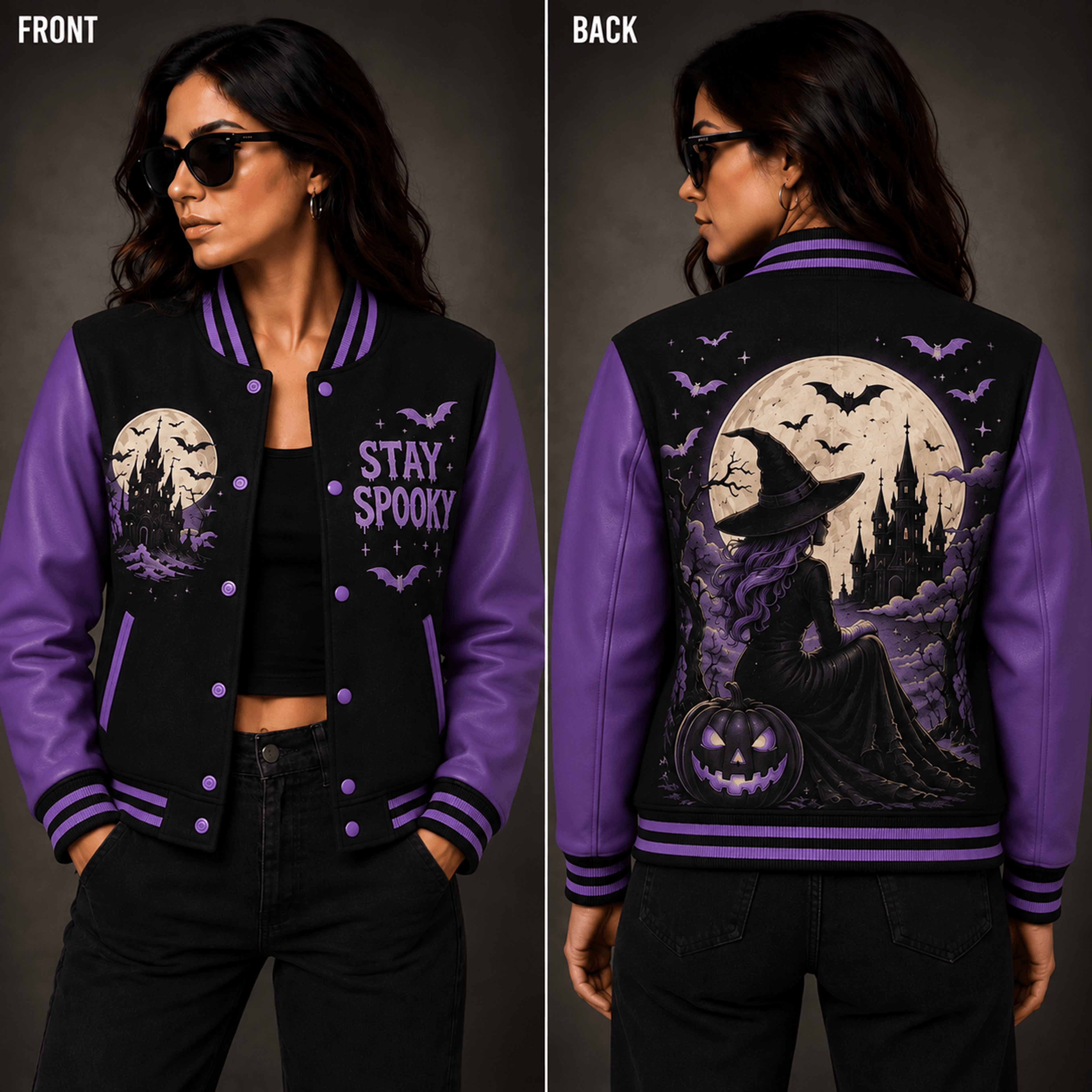 unisex halloween varsity jacket, stay spooky witch haunted castle pumpkin graphic, purple black gothic jacket