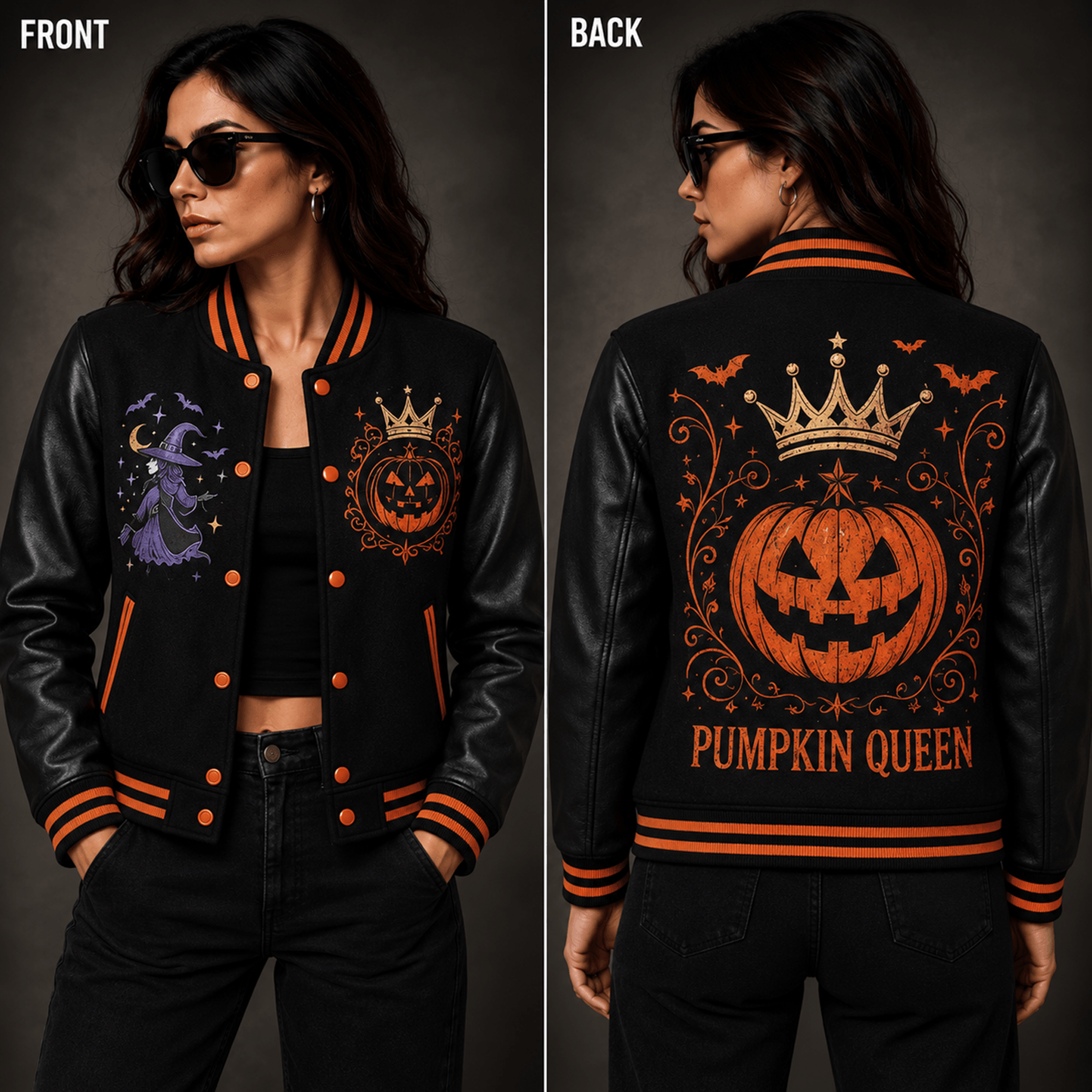 unisex halloween varsity jacket, pumpkin queen witch jack o lantern graphic, black orange spooky season jacket