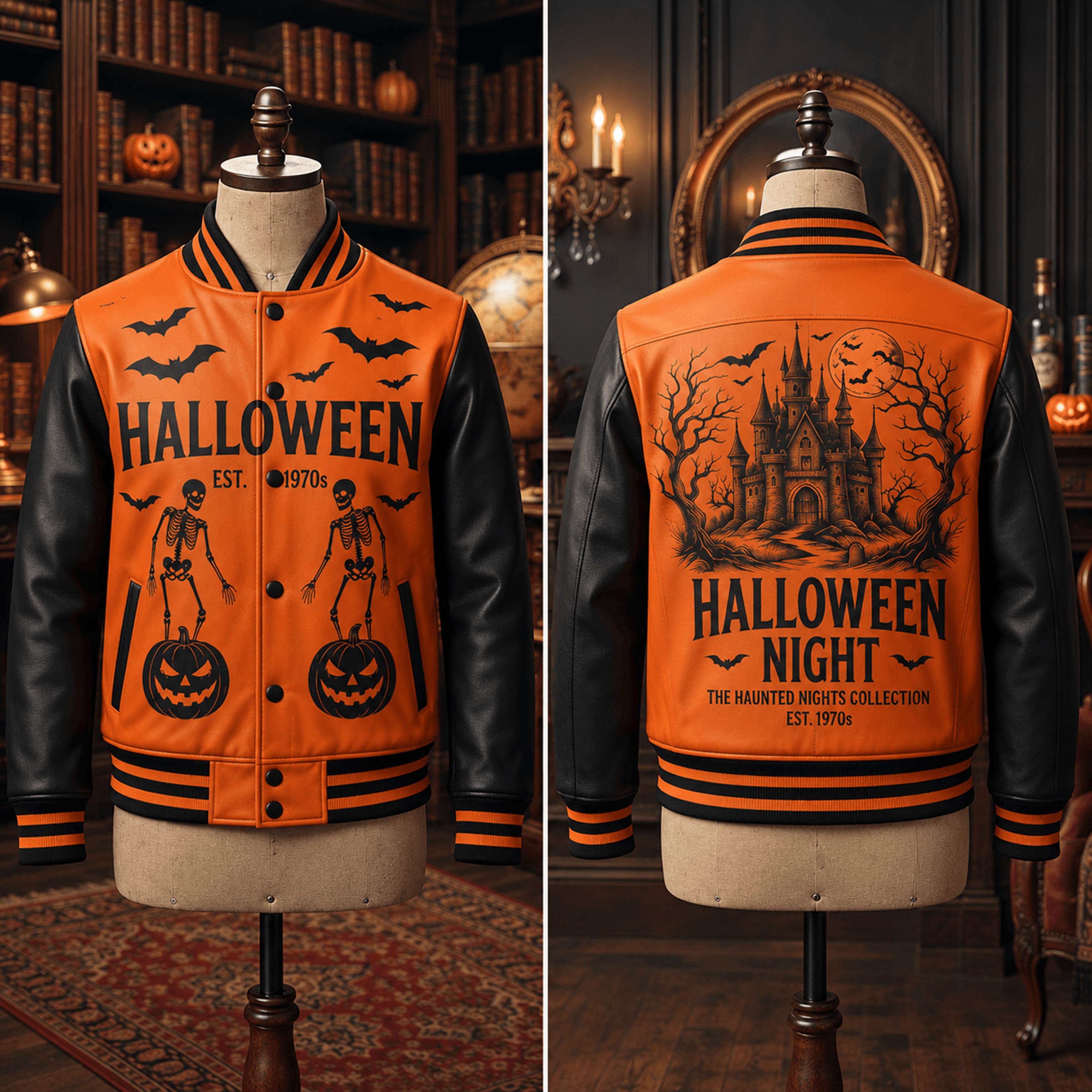 unisex halloween varsity jacket, skeleton pumpkin haunted castle graphic, orange black spooky night jacket