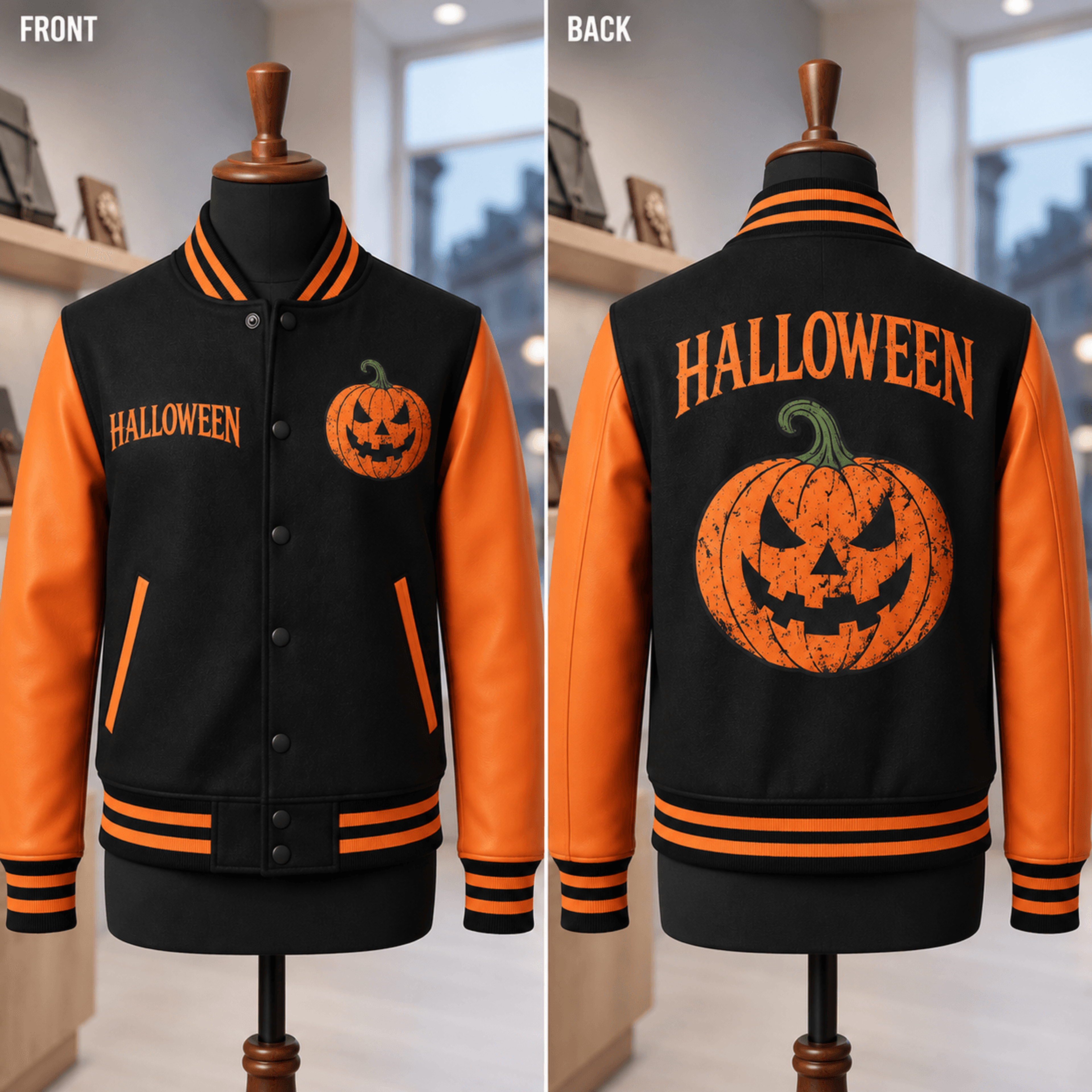 unisex halloween varsity jacket, jack o lantern pumpkin graphic, black orange spooky season jacket, halloween gift