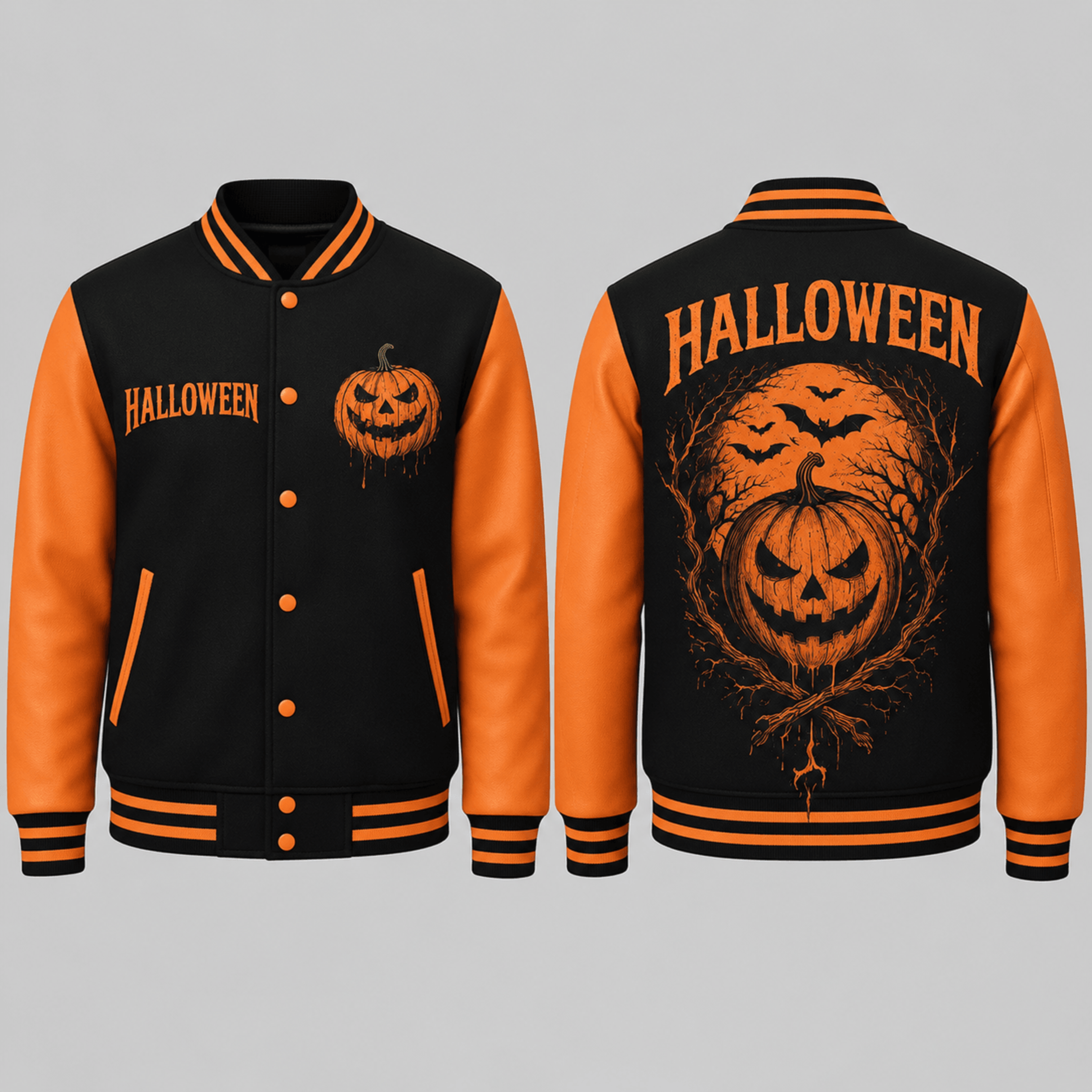 unisex halloween varsity jacket, evil jack o lantern pumpkin bat graphic, black orange spooky season jacket