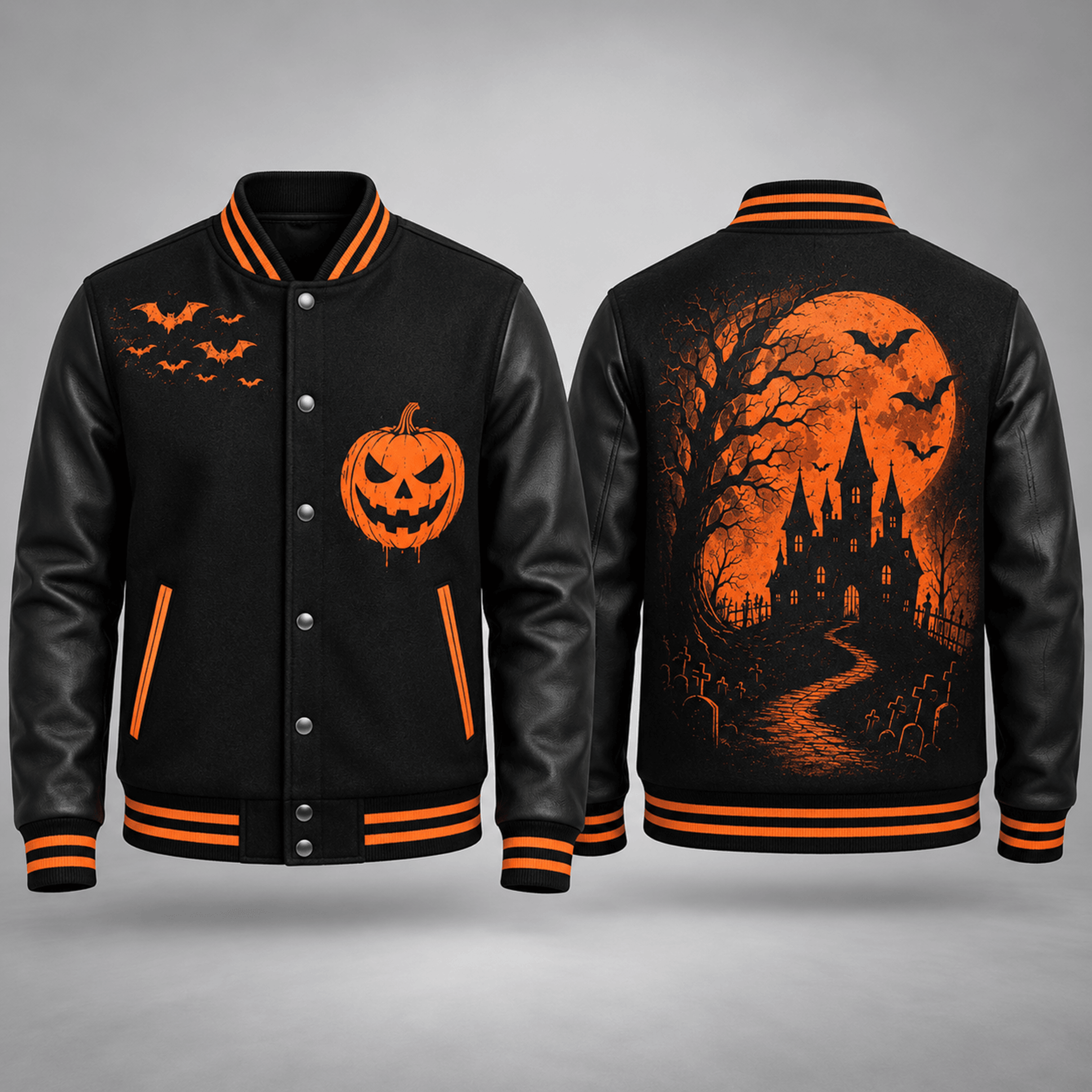 unisex halloween varsity jacket, haunted castle jack o lantern bat graphic, black orange gothic spooky jacket