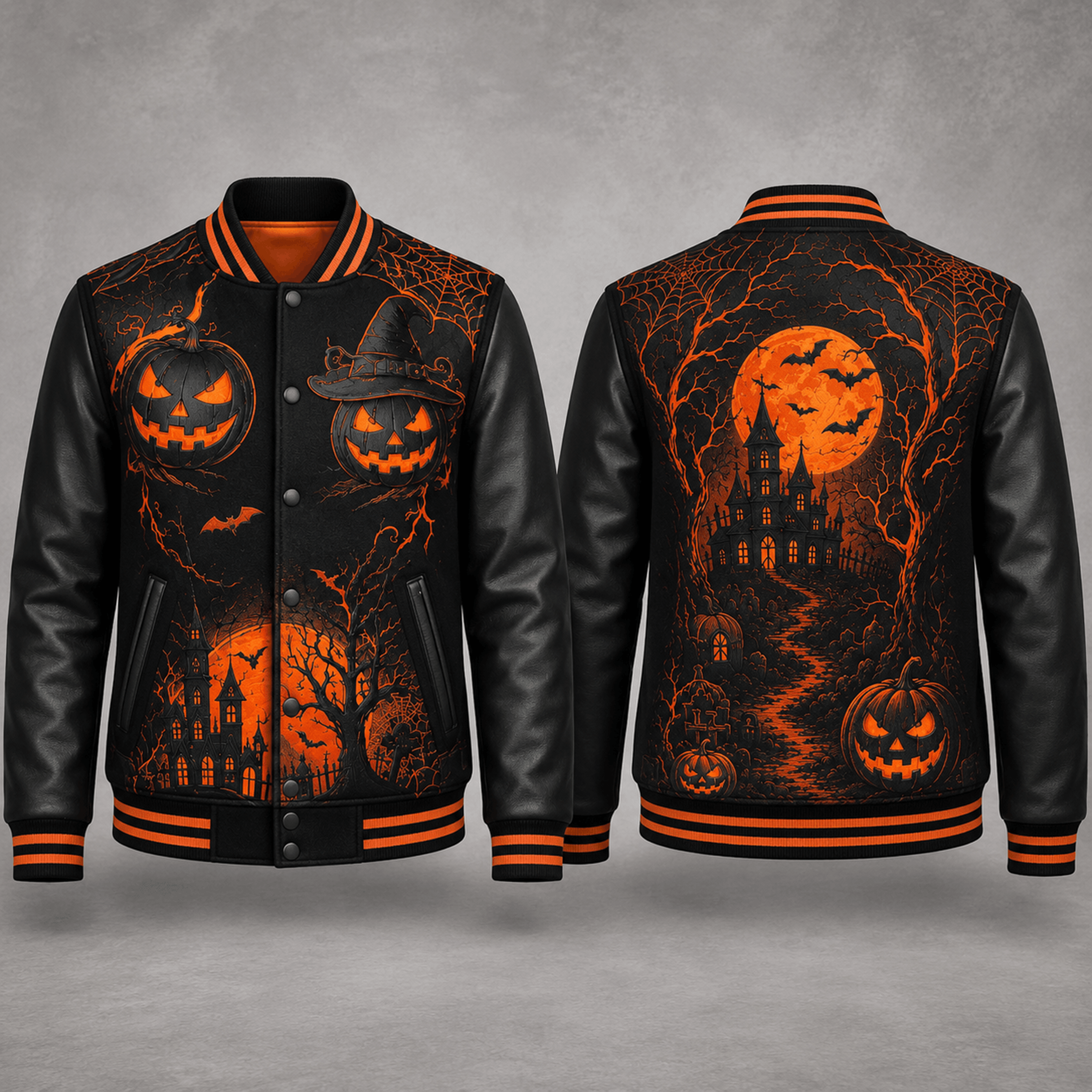 unisex halloween varsity jacket, witch pumpkin haunted castle spider web graphic, black orange spooky jacket