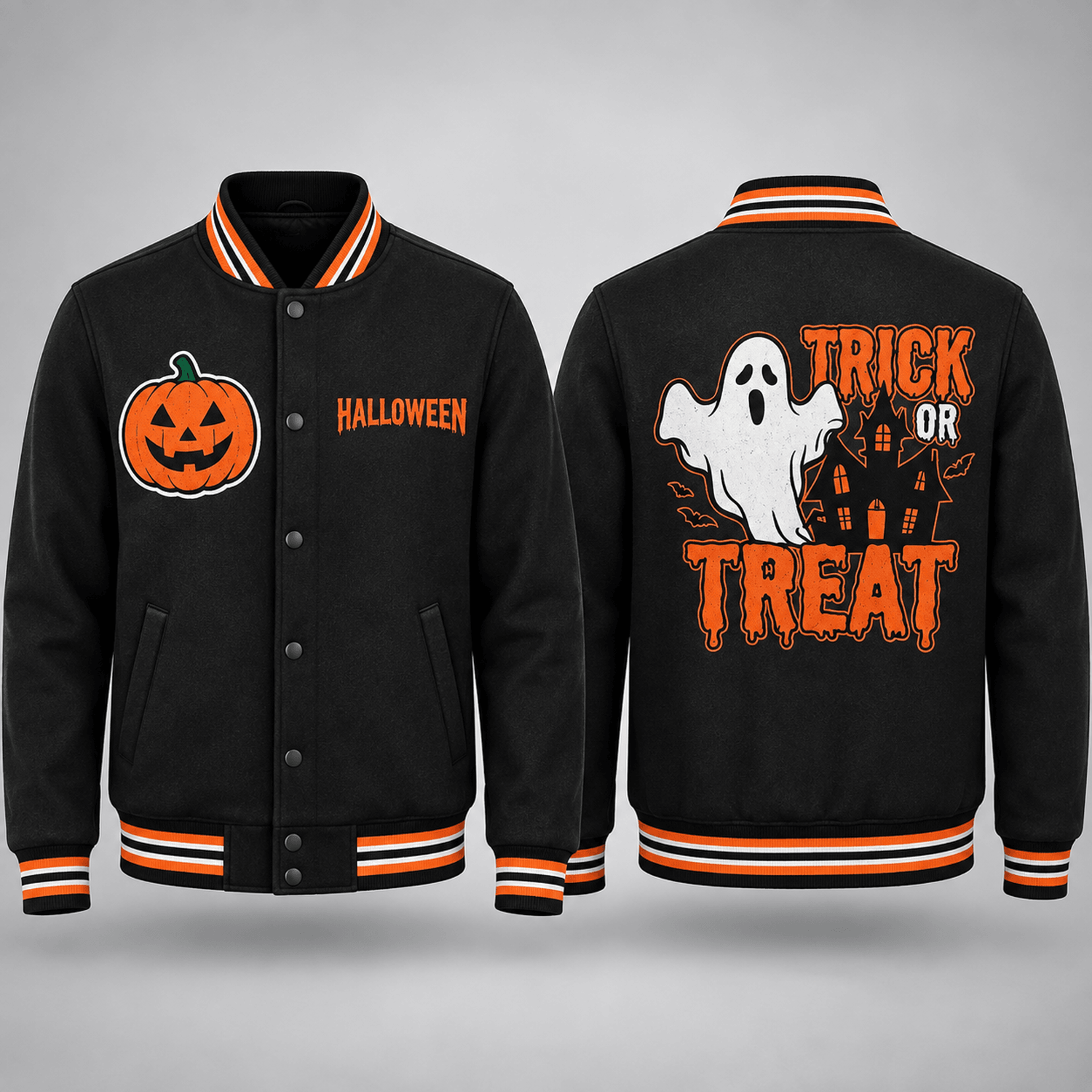 unisex trick or treat halloween varsity jacket, cute ghost pumpkin haunted house graphic, black orange spooky jacket
