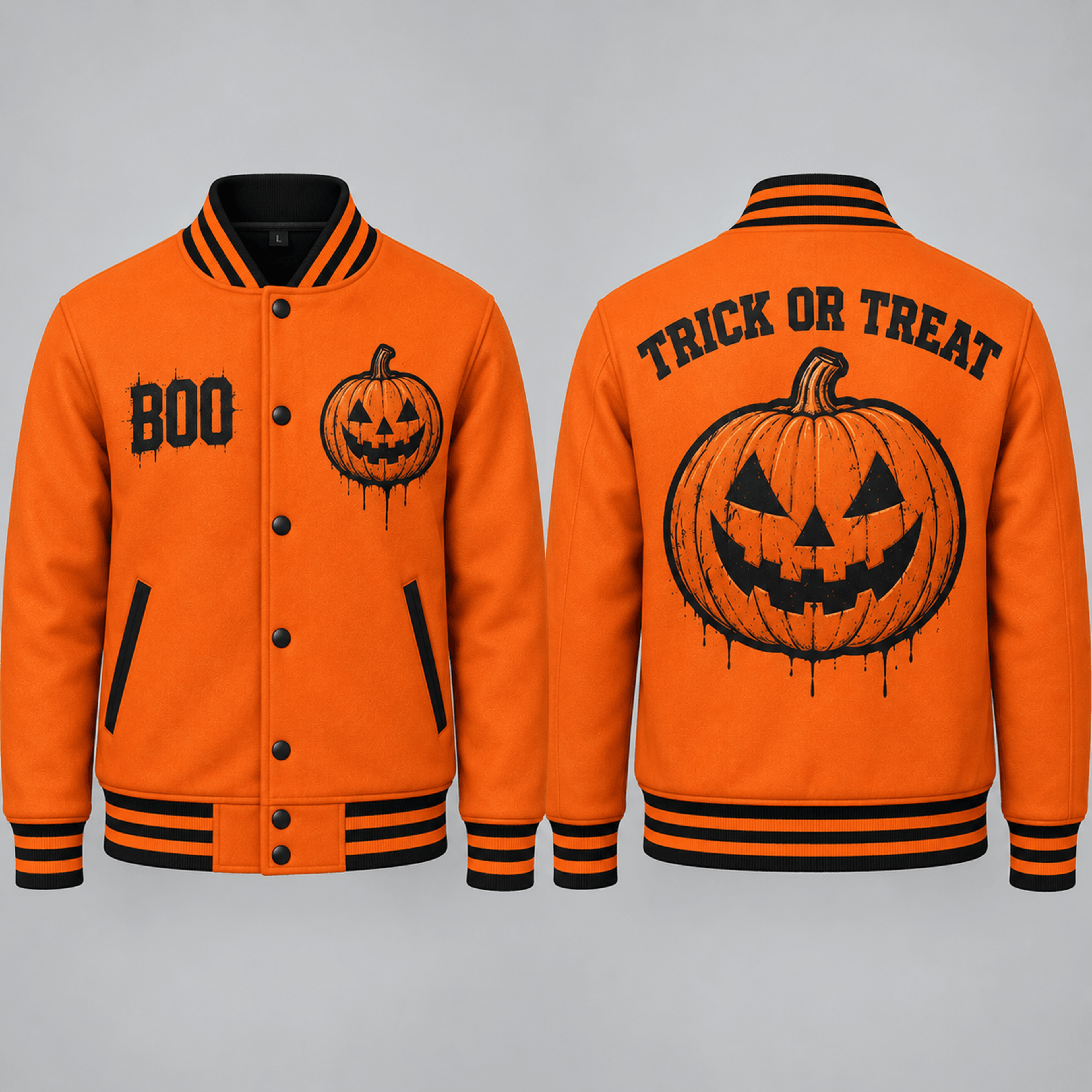 unisex trick or treat halloween varsity jacket, boo jack o lantern pumpkin graphic, orange black spooky season jacket