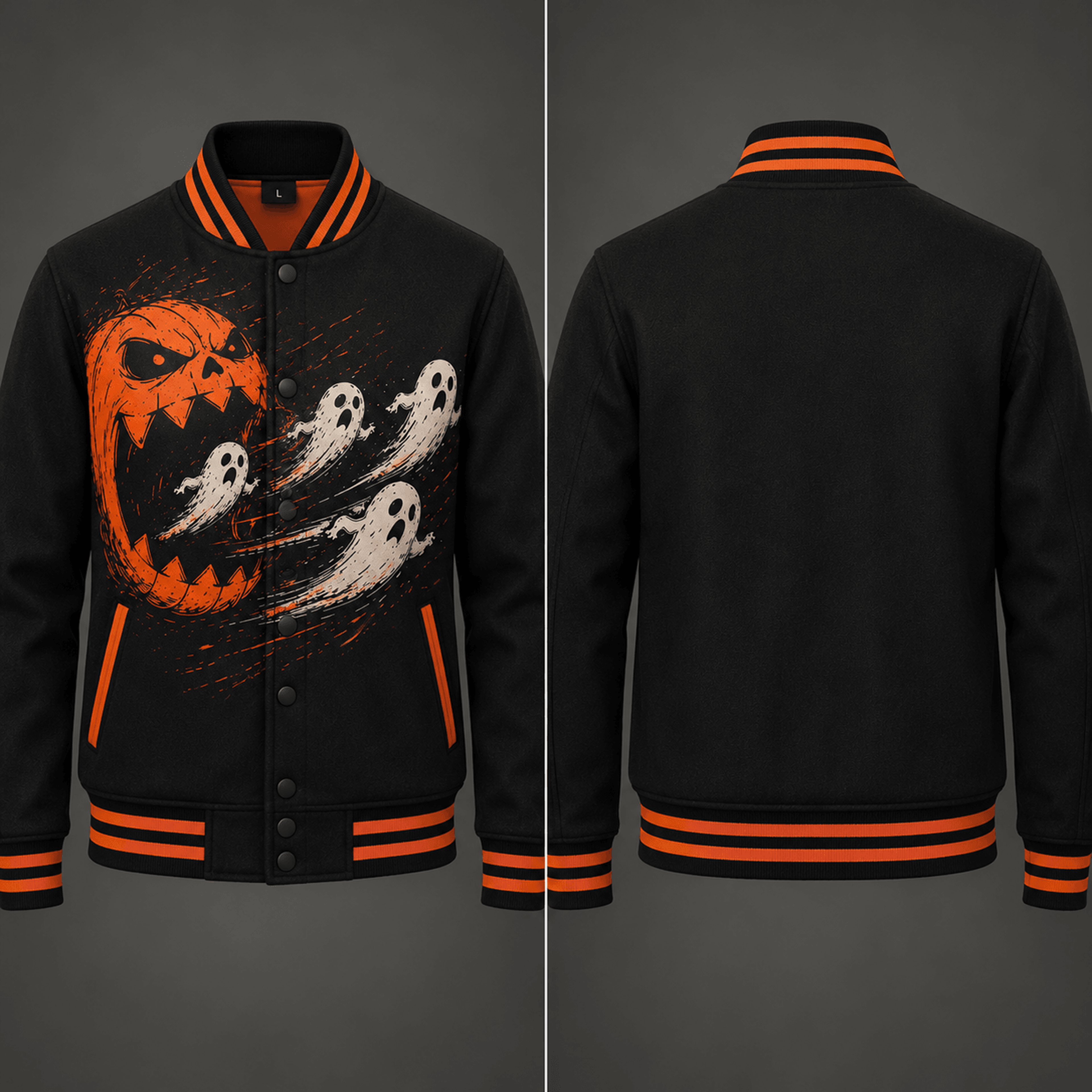 unisex halloween varsity jacket, jack o lantern ghost graphic, black orange spooky pumpkin halloween jacket
