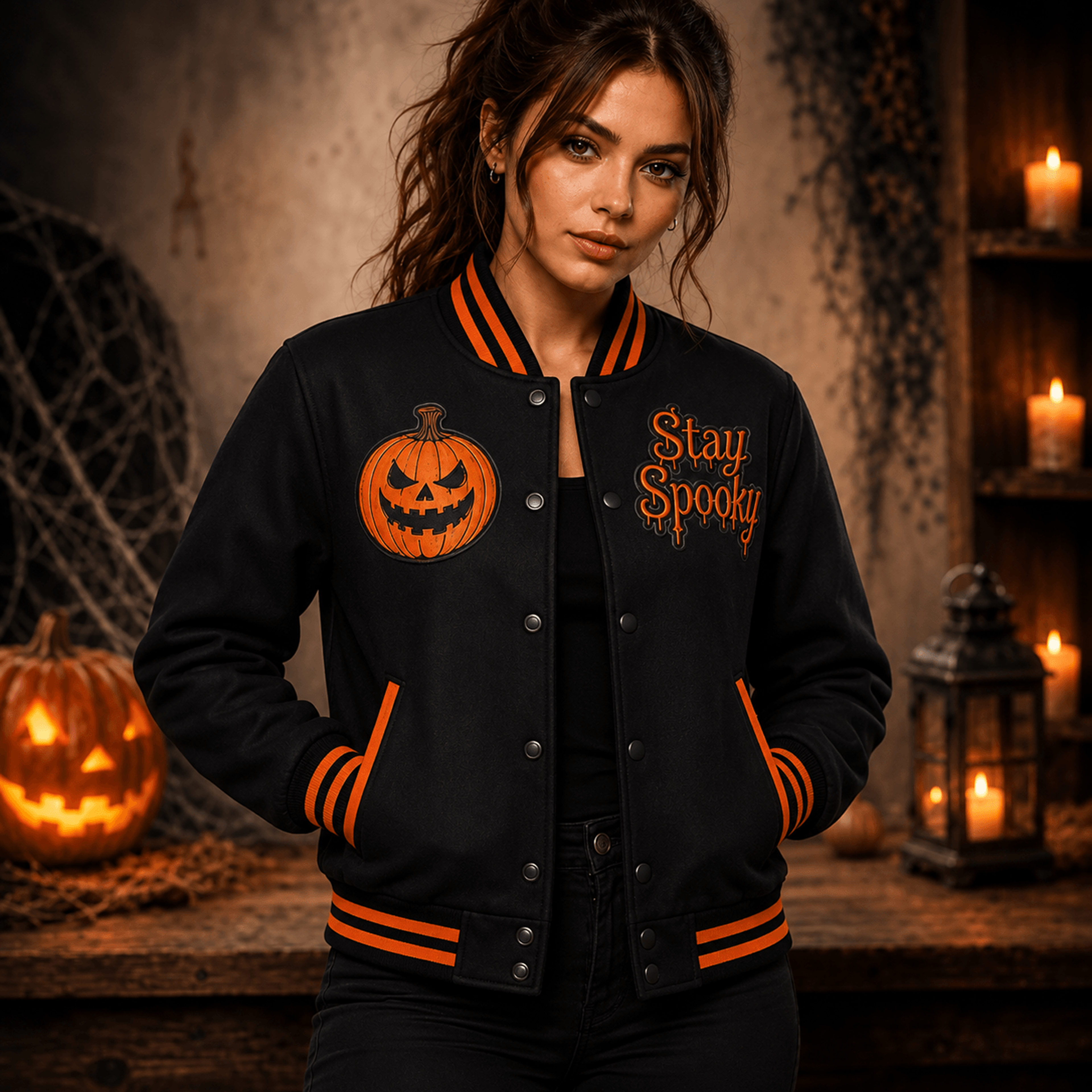 unisex stay spooky halloween varsity jacket, jack o lantern pumpkin graphic, black orange spooky season jacket