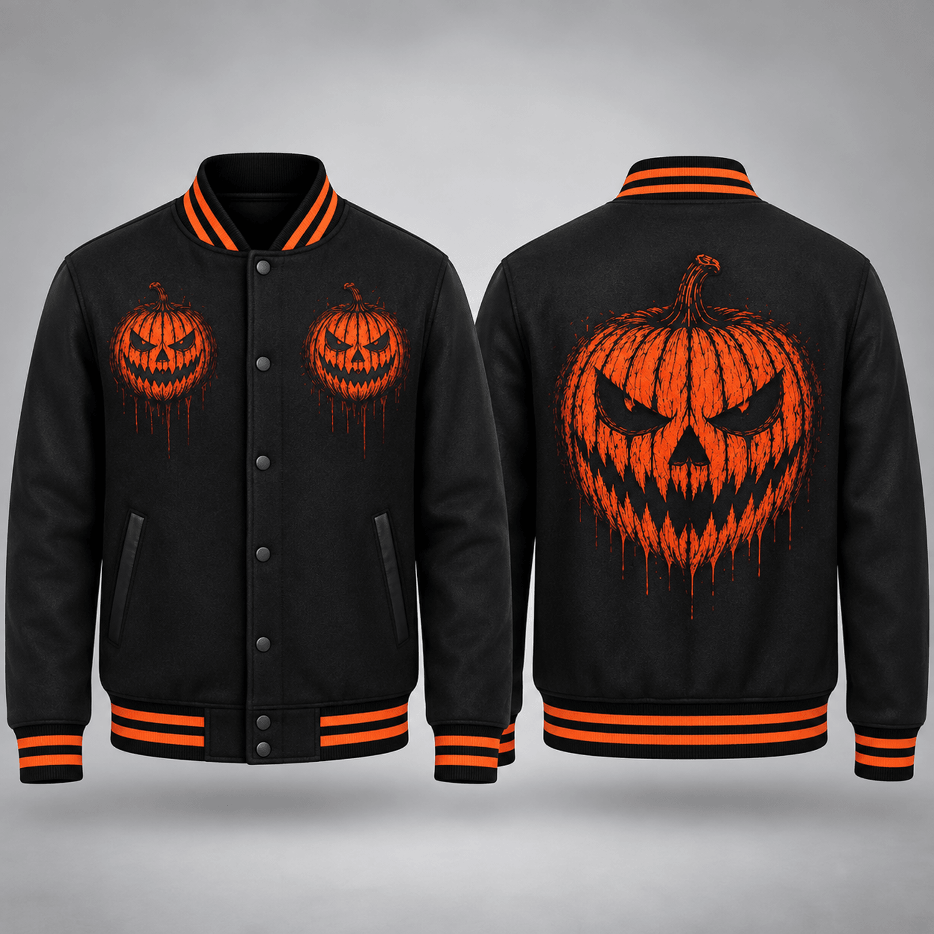 unisex halloween varsity jacket, scary jack o lantern pumpkin graphic, black orange horror spooky season jacket