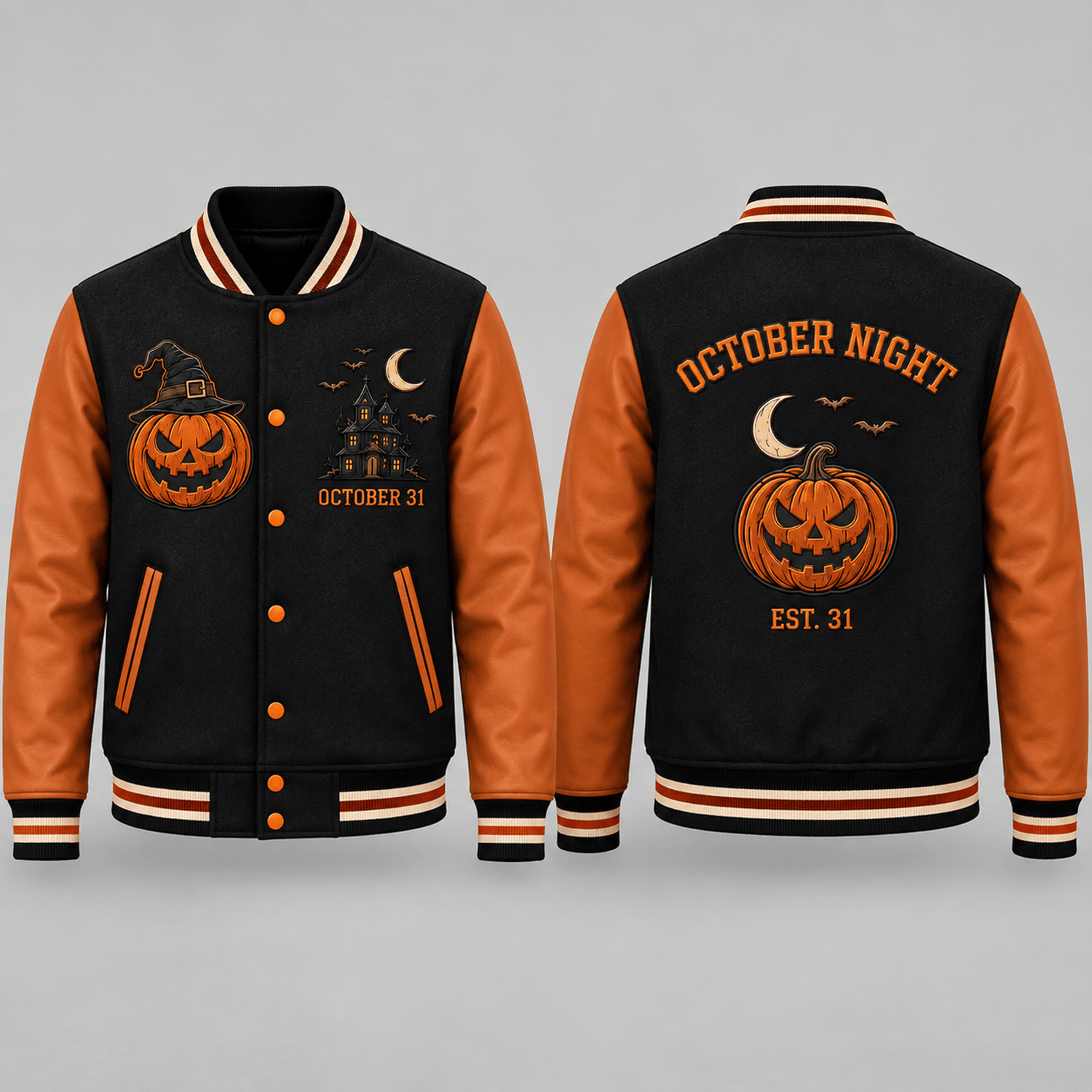 unisex october night halloween varsity jacket, witch pumpkin haunted house graphic, black orange spooky jacket