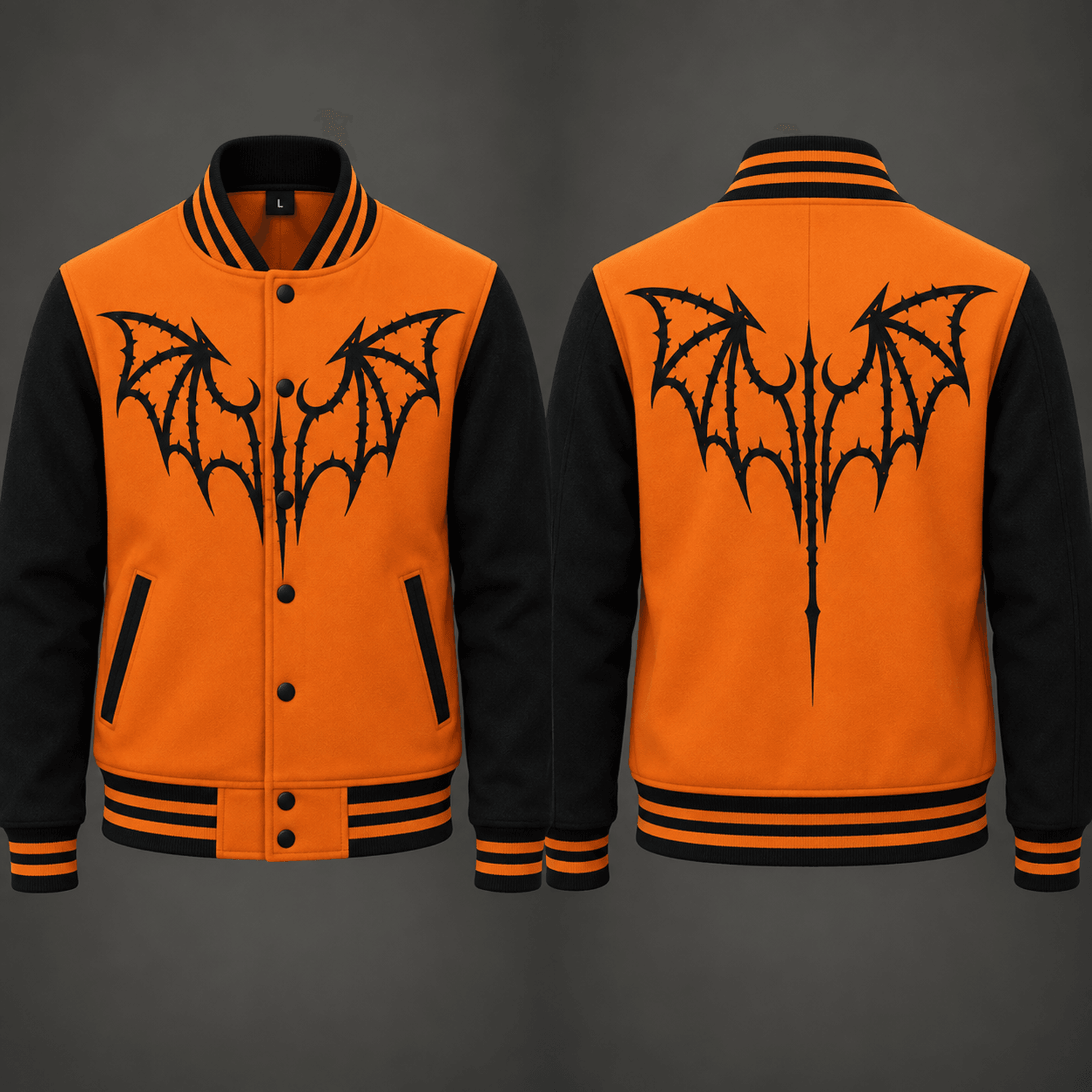 unisex gothic bat halloween varsity jacket, black bat wing graphic, orange black spooky season jacket, halloween gift
