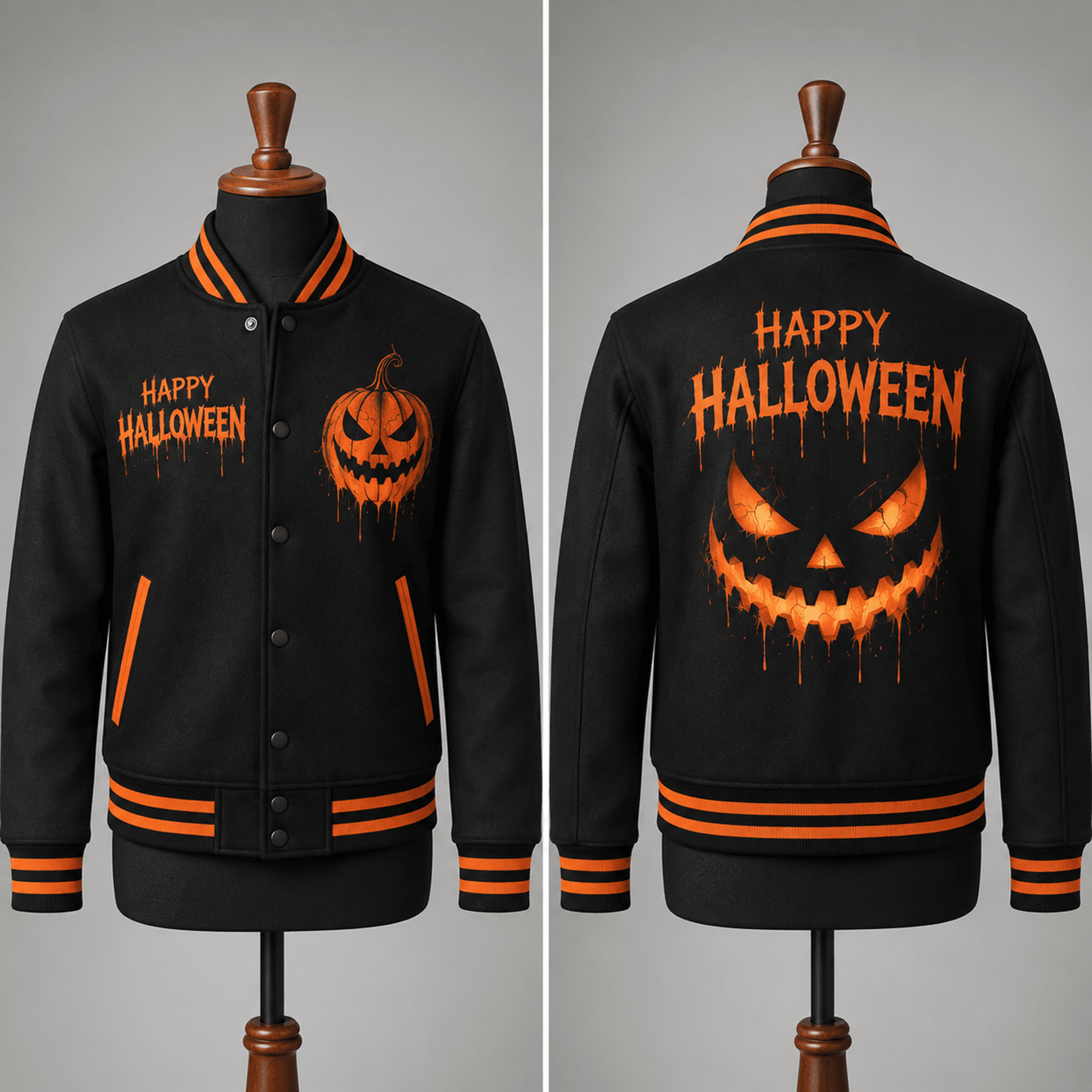 unisex happy halloween varsity jacket, glowing jack o lantern pumpkin graphic, black orange spooky season jacket