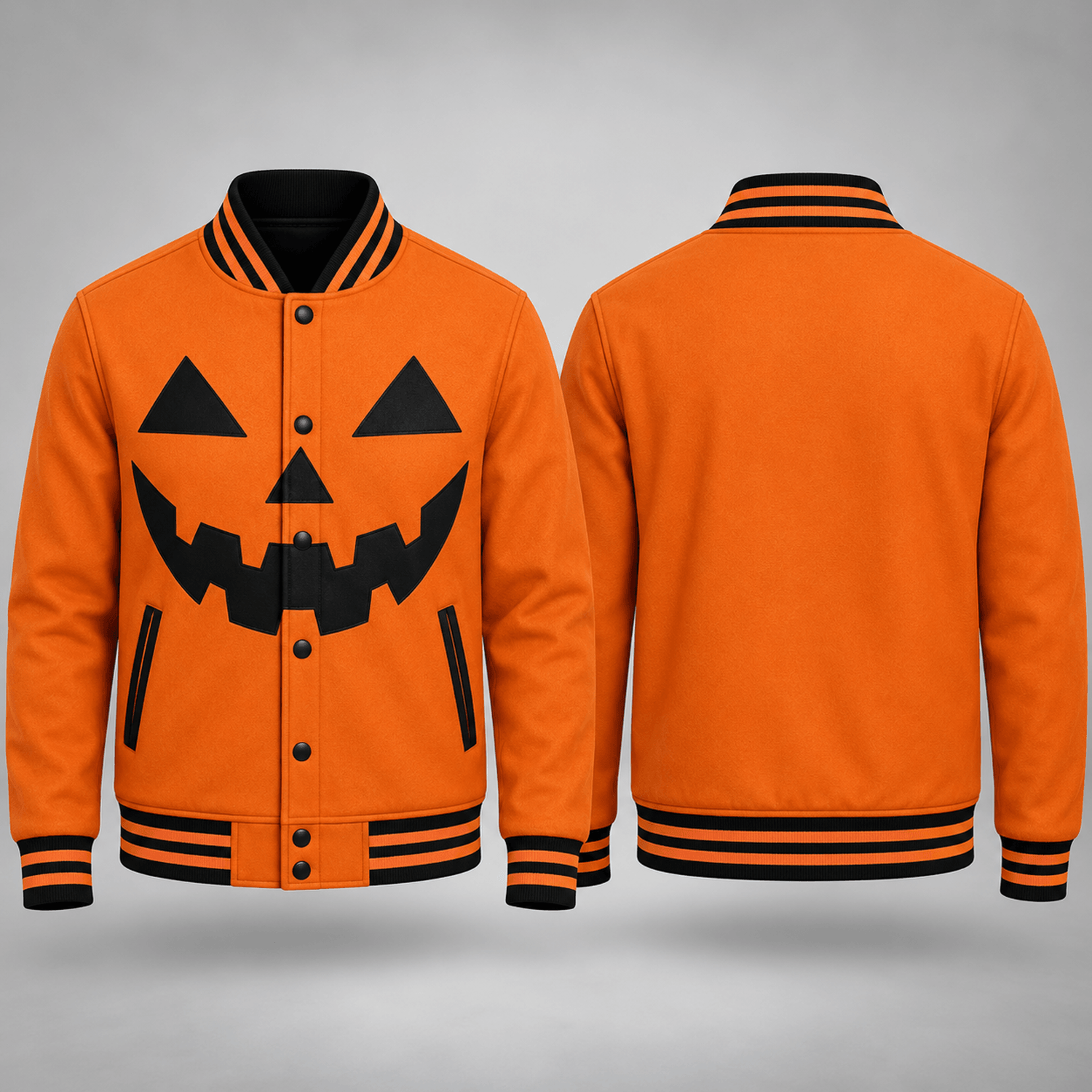 unisex halloween varsity jacket, jack o lantern face graphic, orange black pumpkin costume jacket, spooky season gift