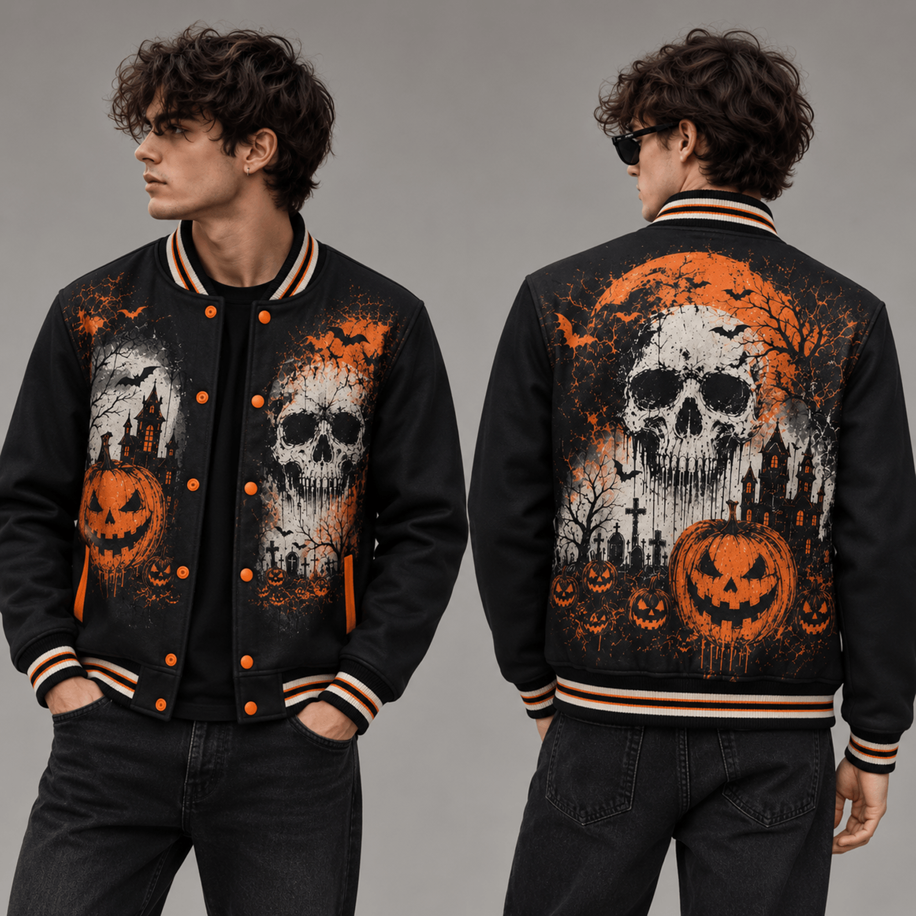 unisex halloween varsity jacket, skull pumpkin haunted castle graphic, gothic graveyard spooky season jacket