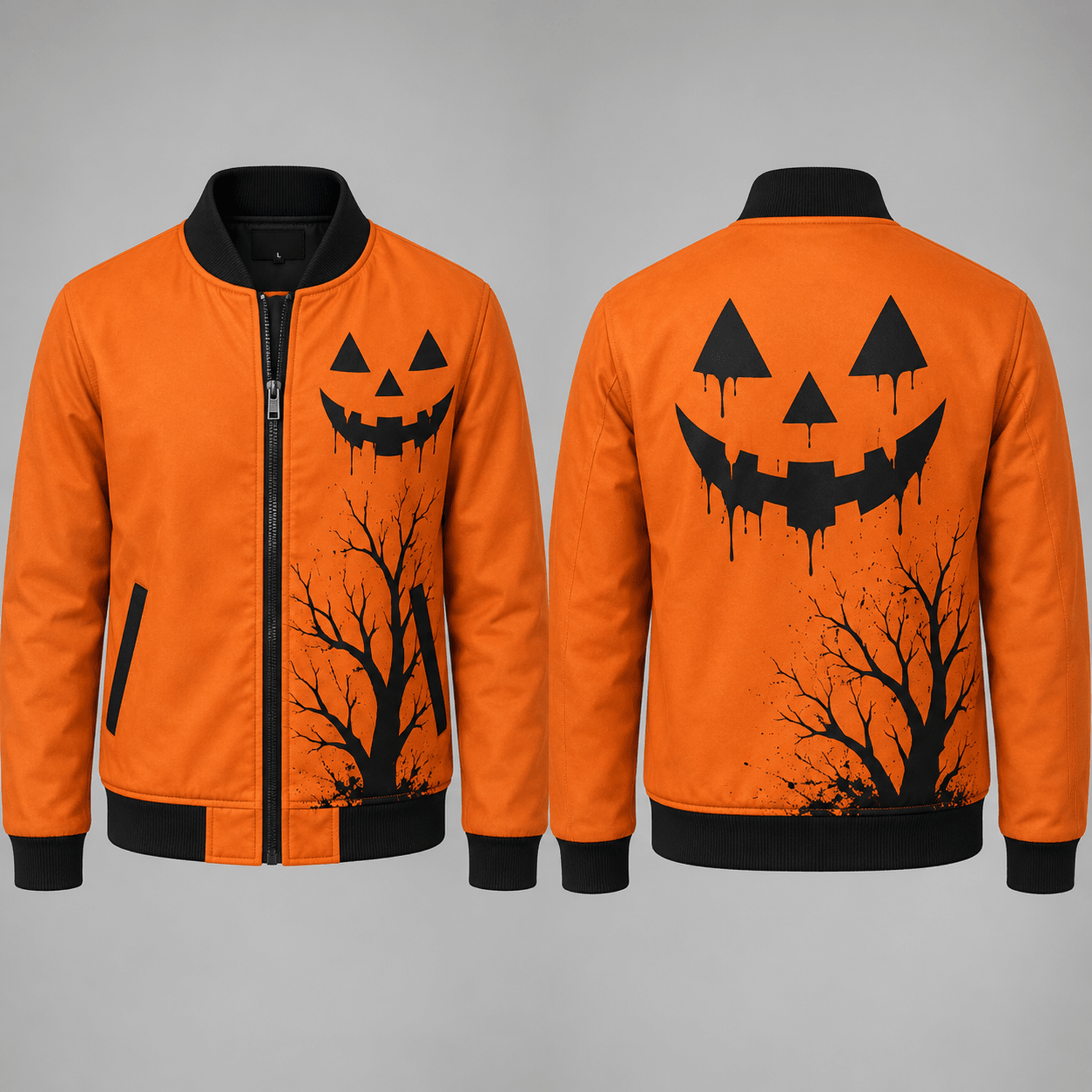 unisex halloween varsity jacket, dripping jack o lantern face, orange black spooky tree graphic jacket, halloween gift