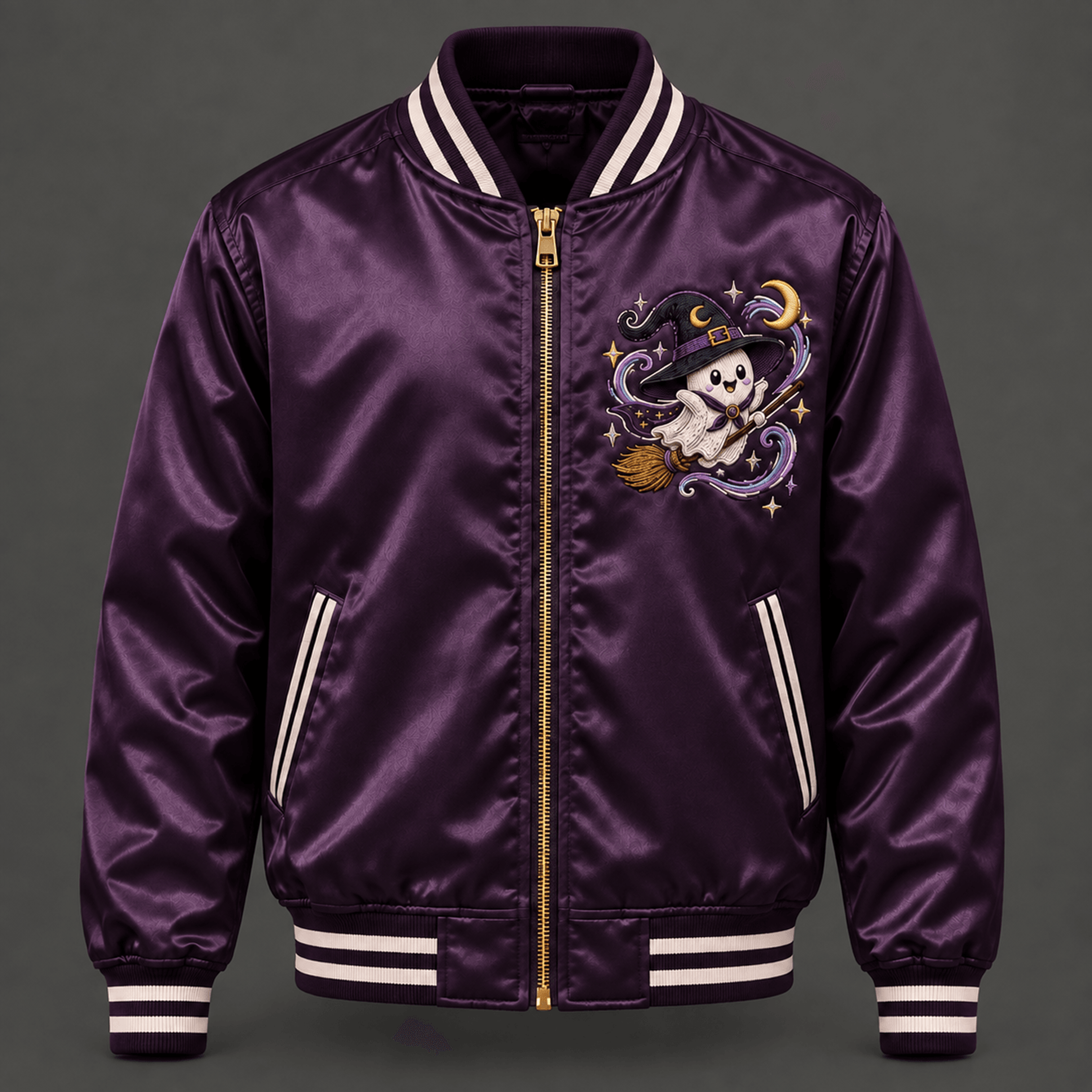 unisex halloween varsity jacket, witch ghost broom graphic, purple spooky nights gothic jacket, halloween gift