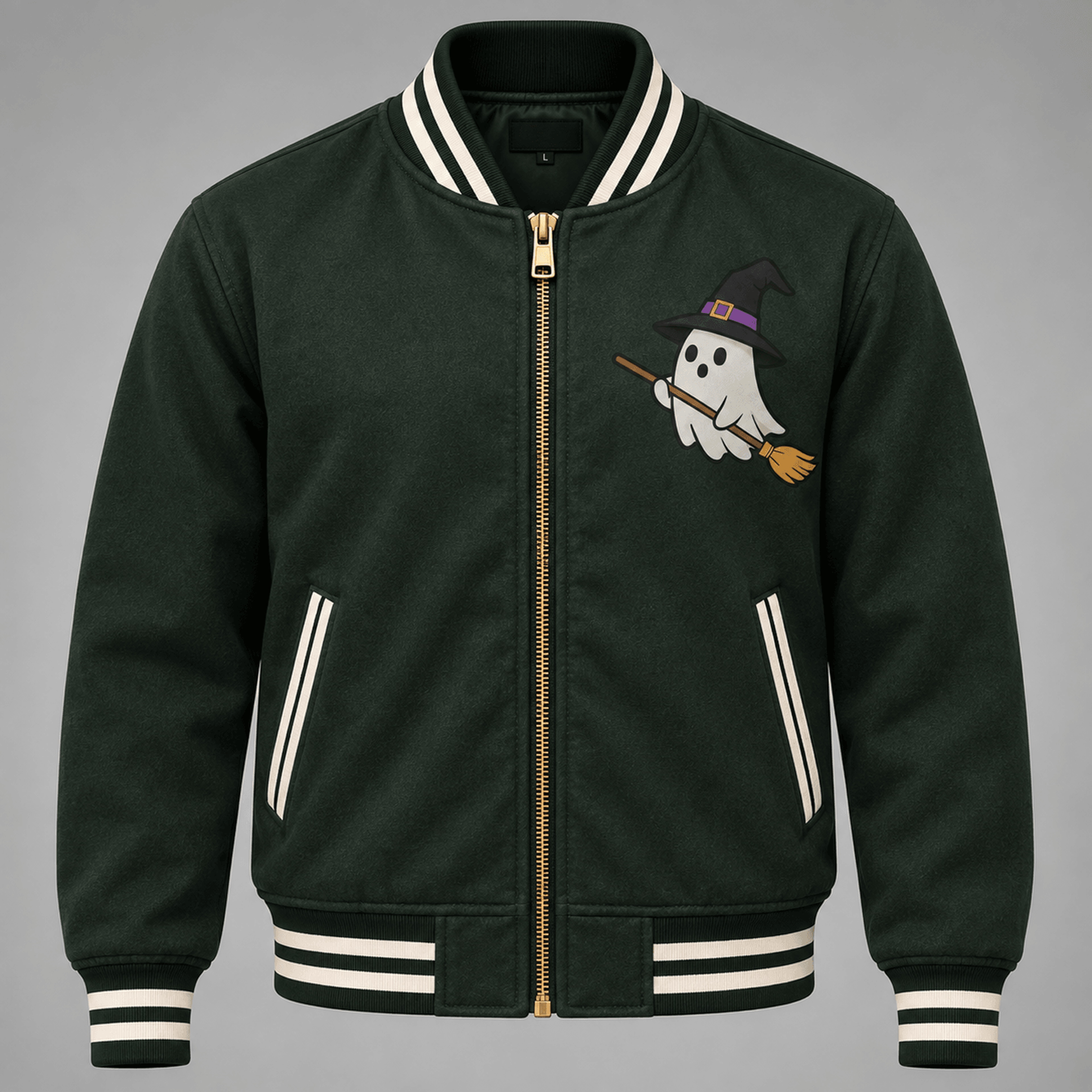 unisex happy halloween varsity jacket, witch ghost spider web bat graphic, dark green spooky season jacket
