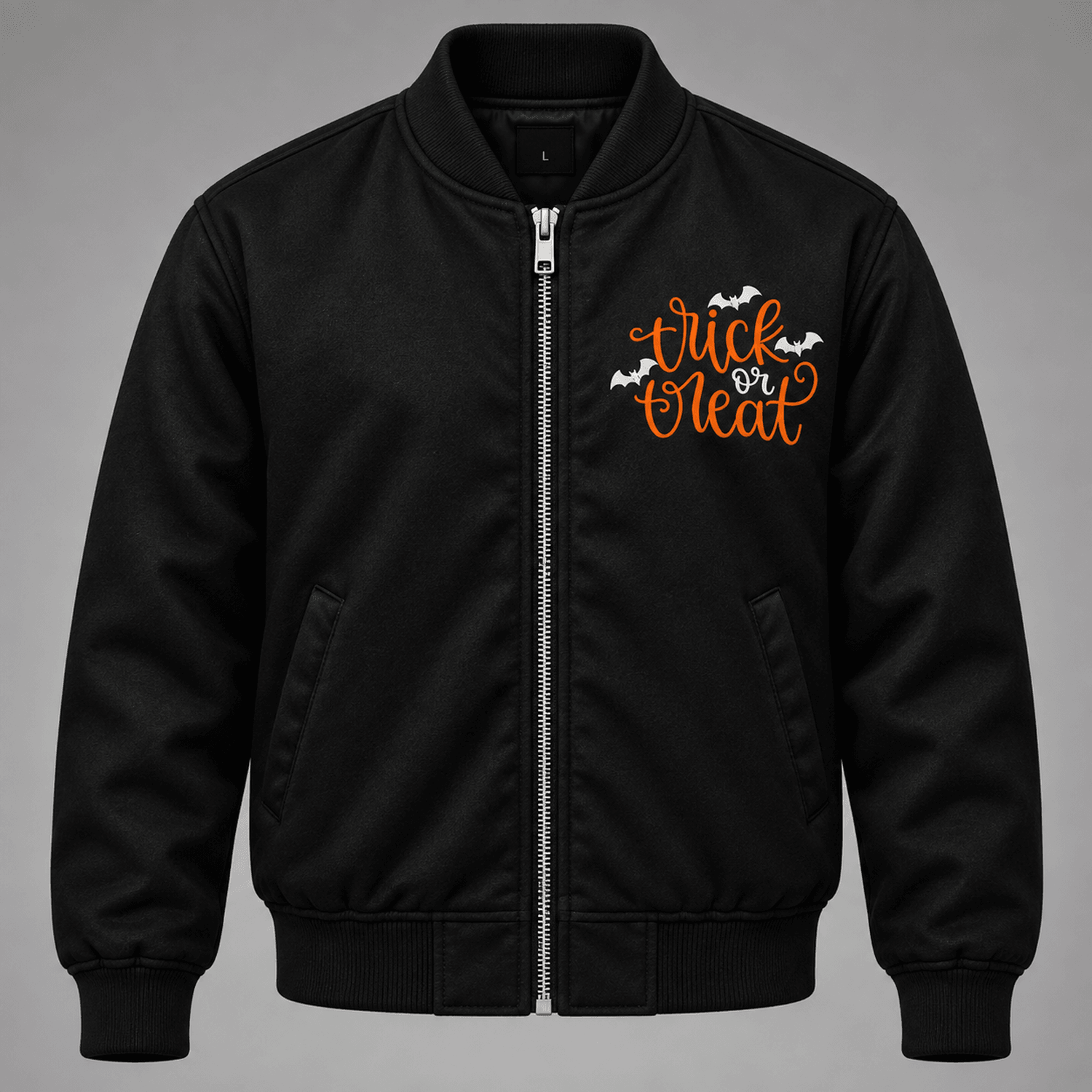 unisex trick or treat halloween varsity jacket, bat graphic black spooky season jacket, halloween party gift