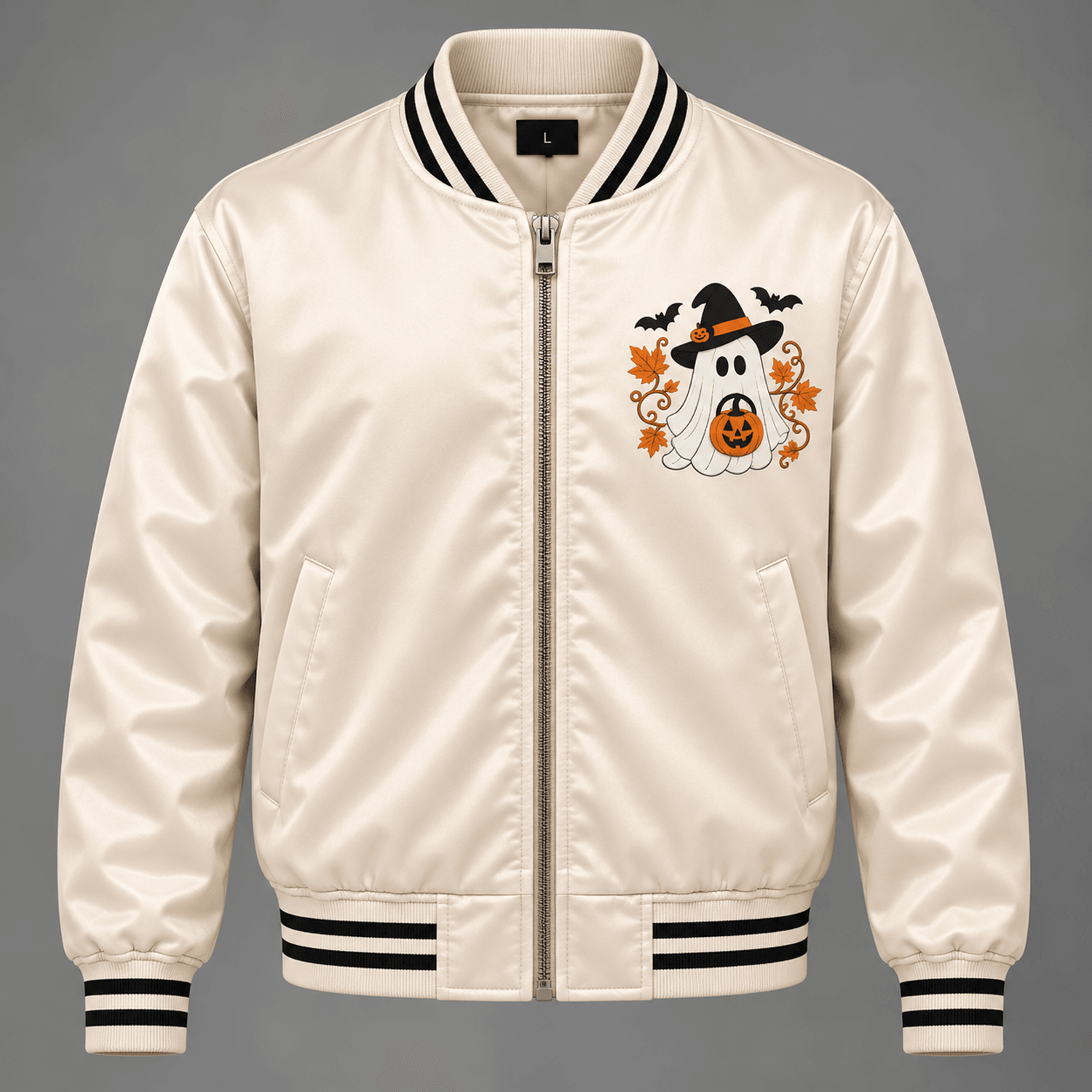 unisex halloween varsity jacket, cute witch ghost pumpkin graphic, cream spooky fall jacket, halloween gift
