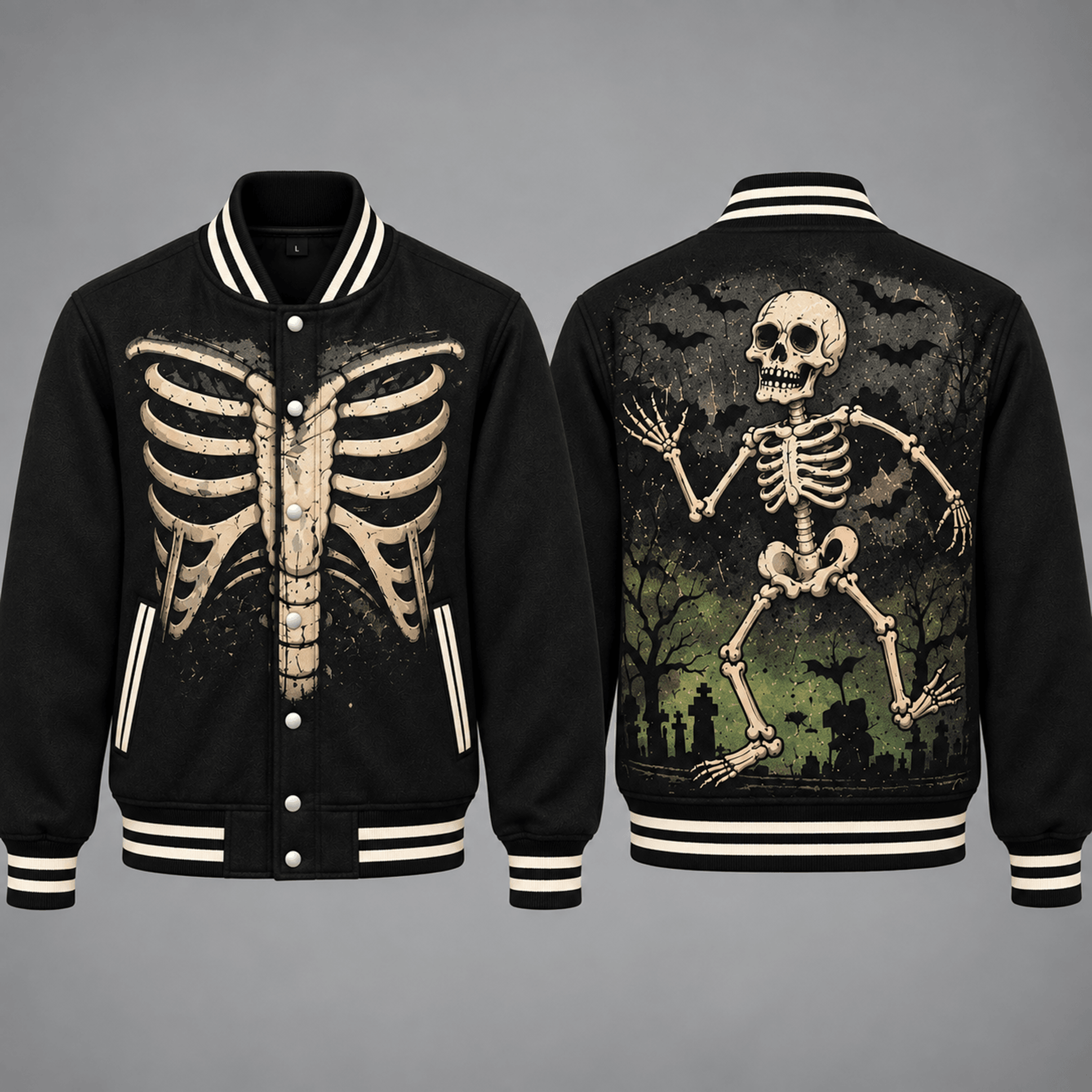 unisex halloween varsity jacket, skeleton rib cage graphic, graveyard bat gothic spooky jacket, halloween gift