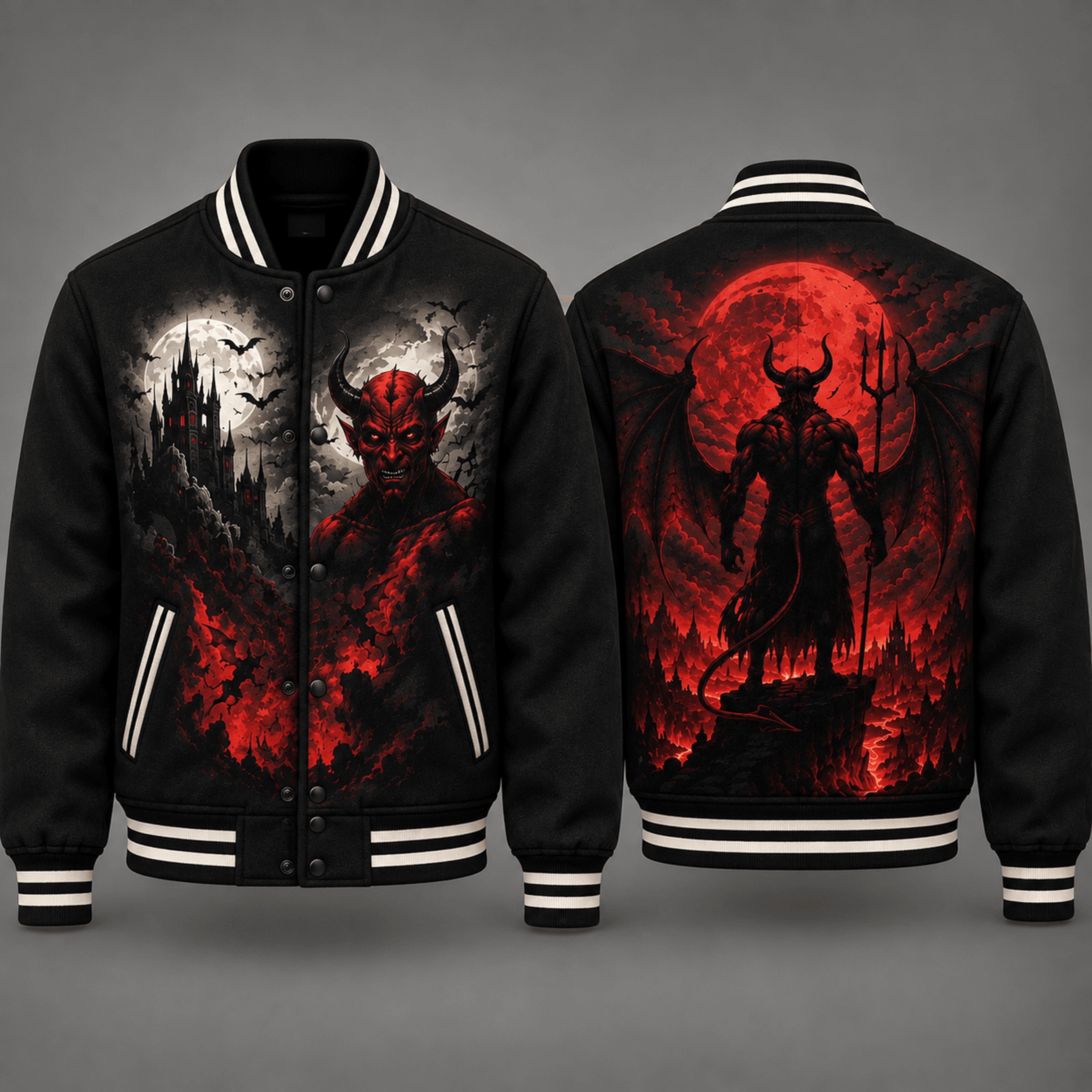 unisex halloween varsity jacket, red demon gothic castle graphic, blood moon devil horror spooky jacket, halloween gift