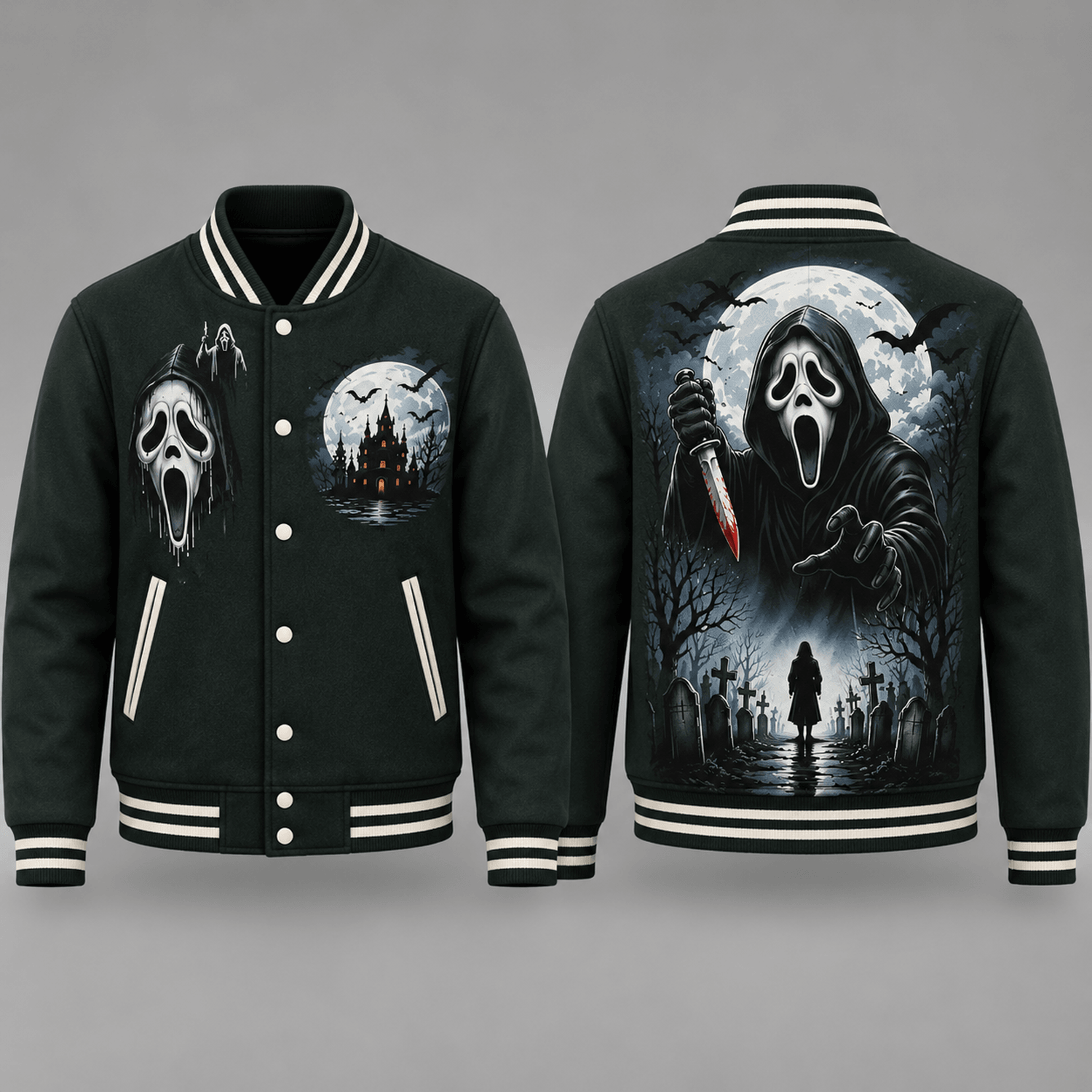 unisex halloween varsity jacket, scream mask graveyard graphic, haunted castle moon gothic horror jacket, spooky gift