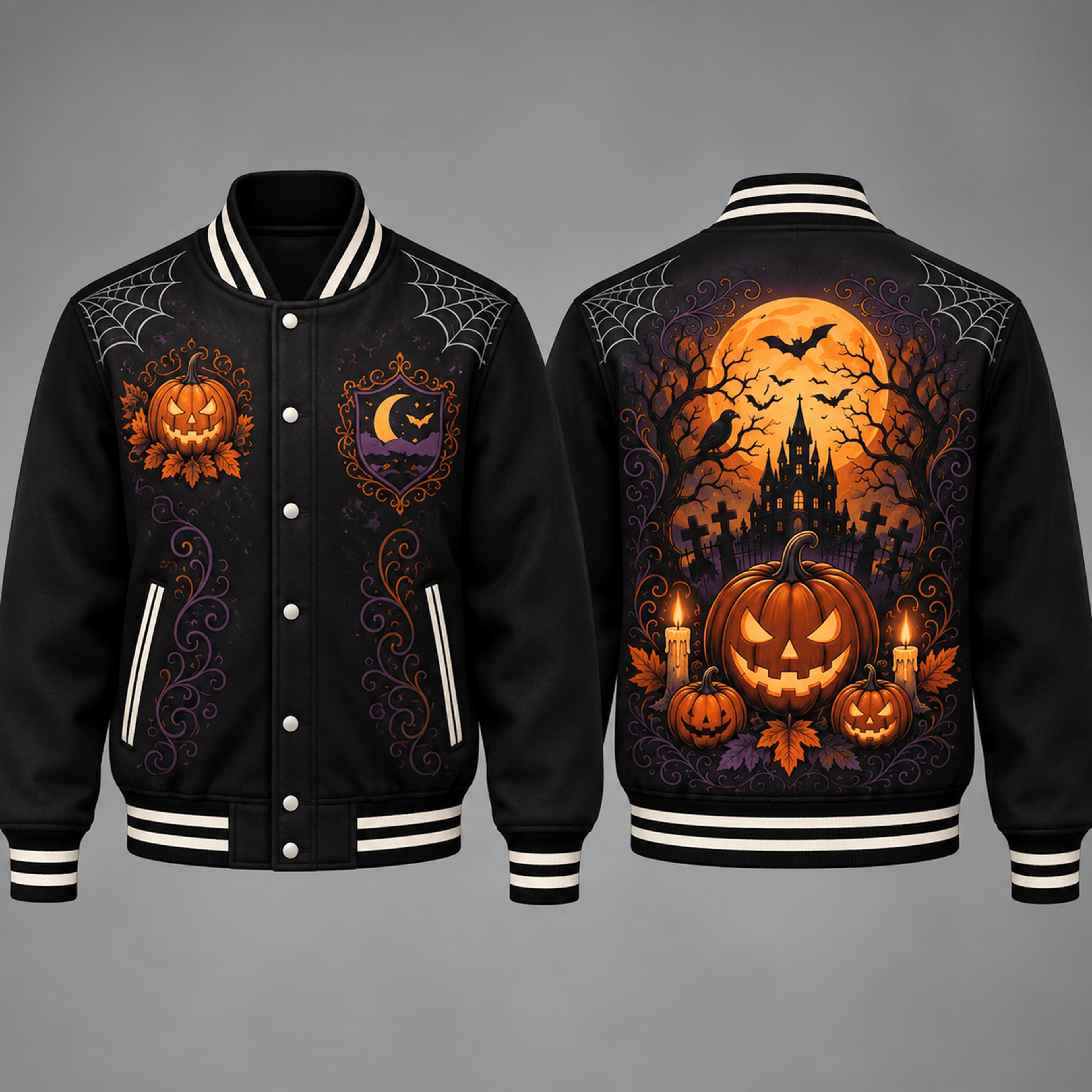 unisex halloween varsity jacket, haunted castle pumpkin graveyard graphic, gothic moon spooky season jacket, halloween g