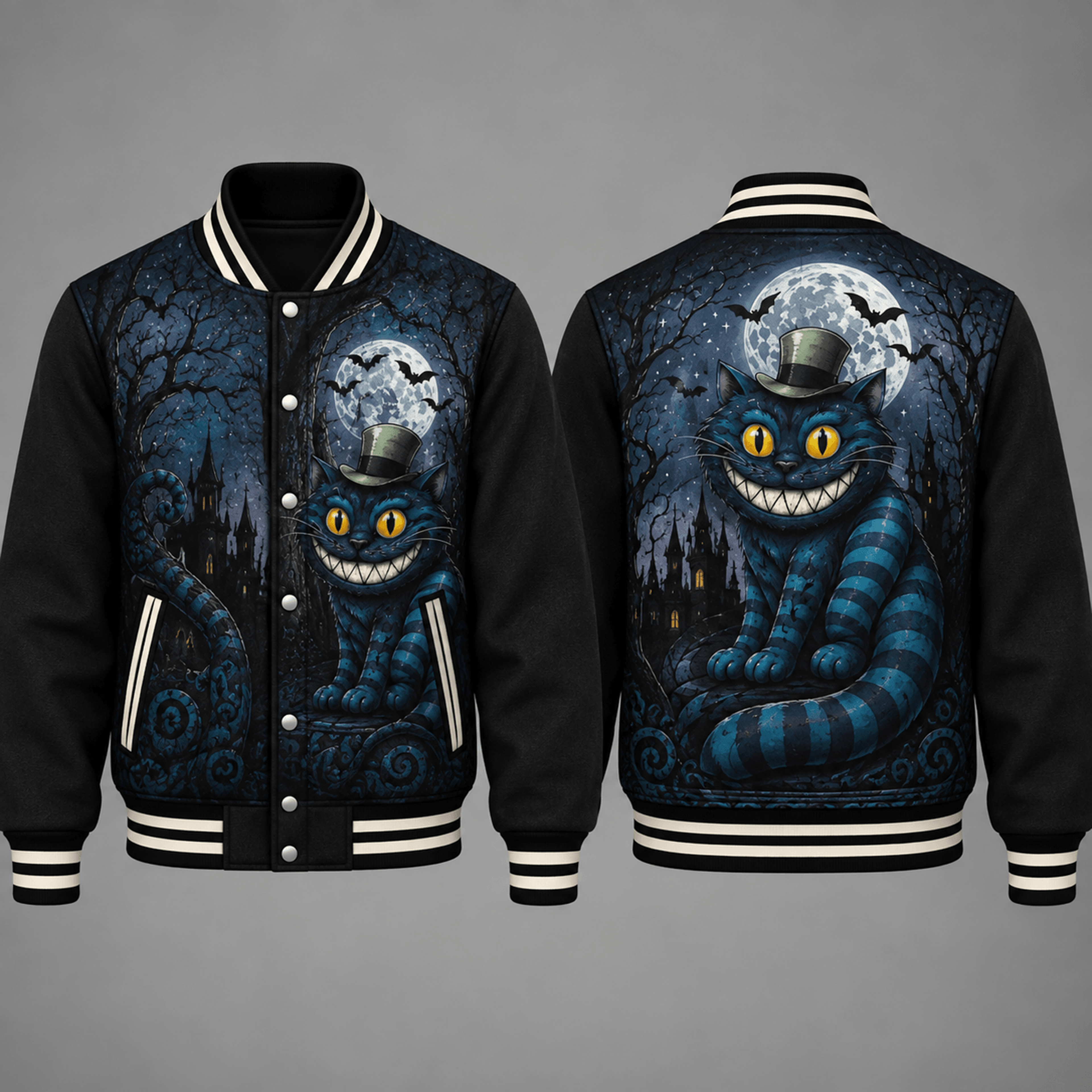 unisex halloween varsity jacket, grinning blue cat haunted castle full moon graphic, gothic spooky cat jacket