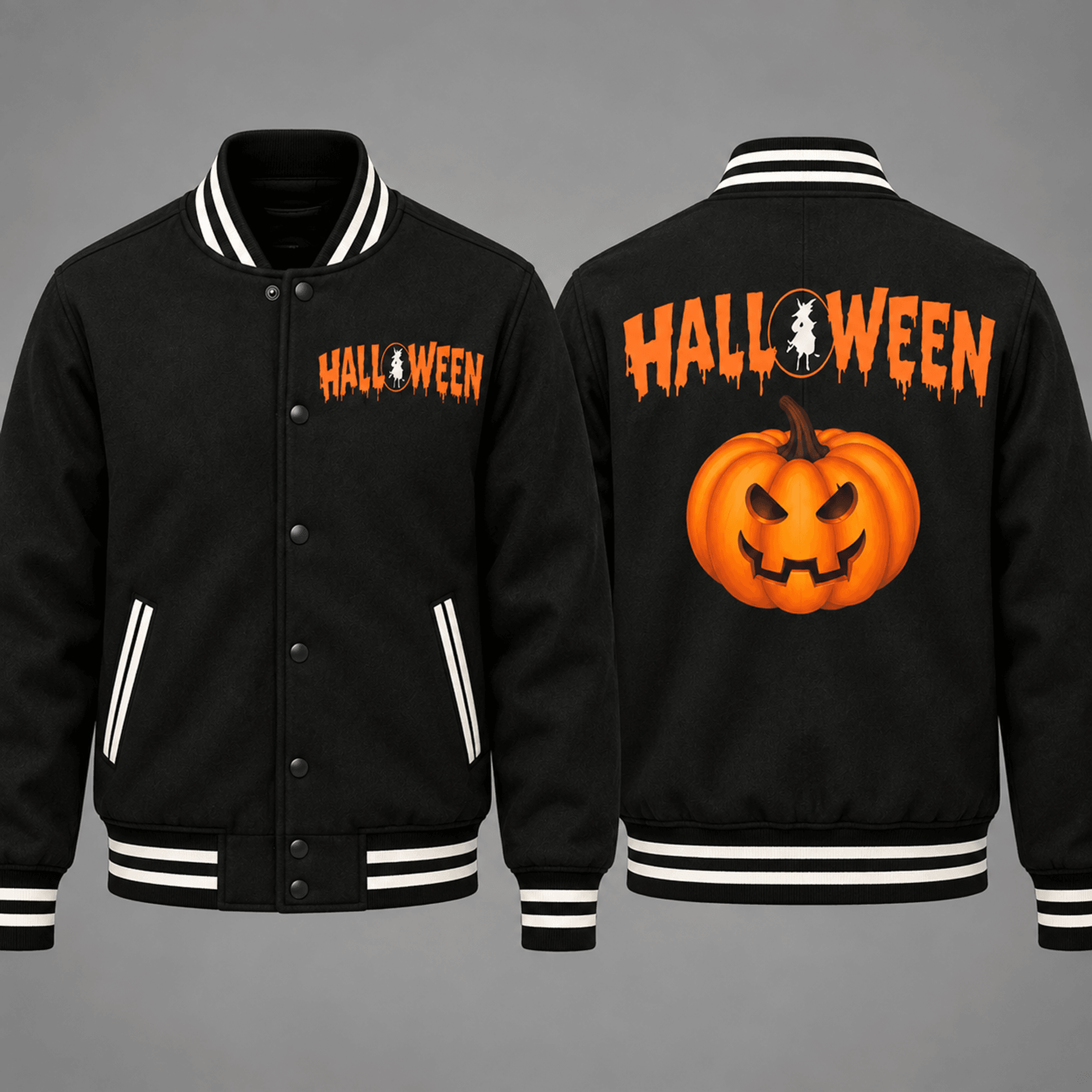 unisex halloween varsity jacket, jack o lantern pumpkin graphic, black orange spooky october jacket, halloween gift