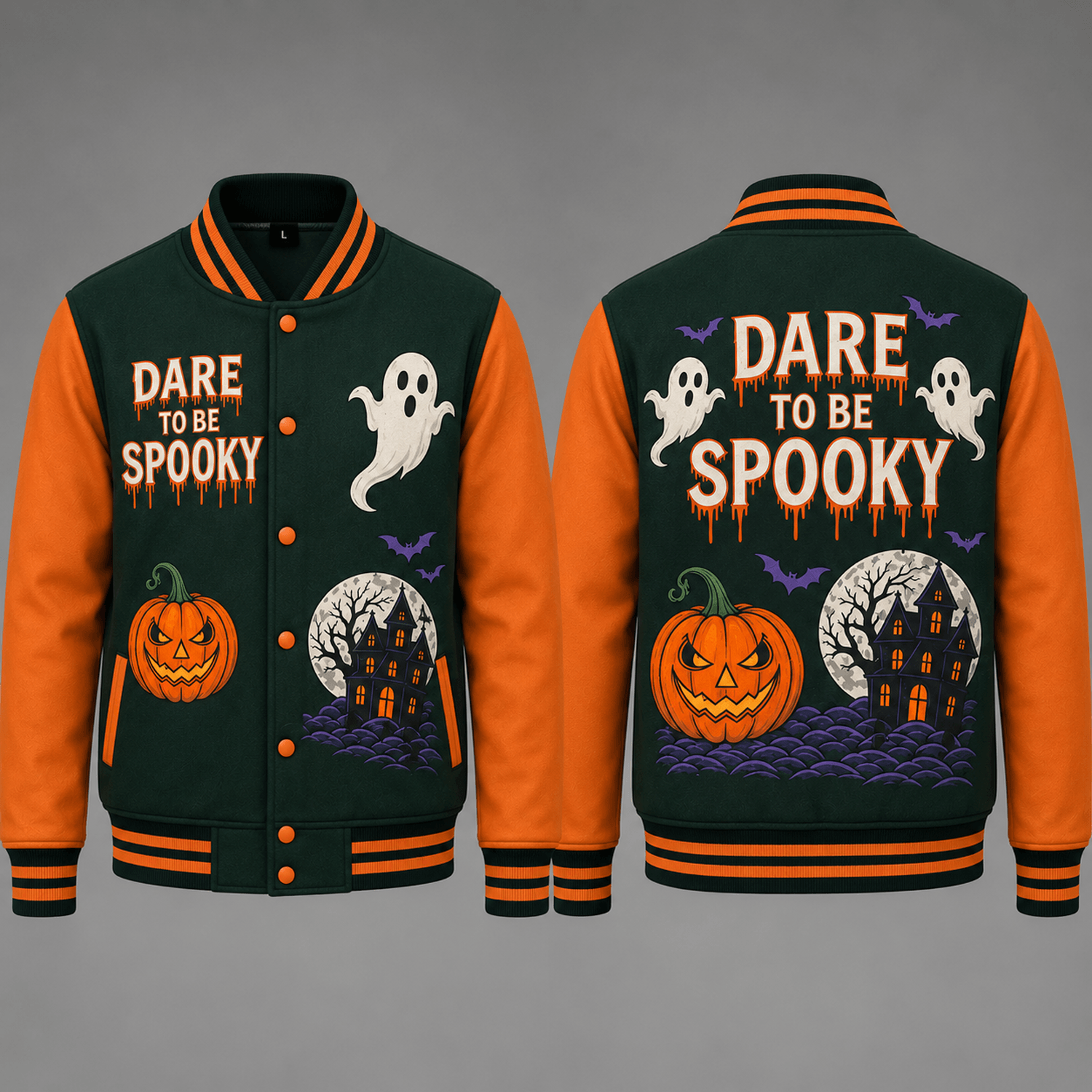 unisex dare to be spooky varsity jacket, ghost pumpkin haunted house graphic, orange black halloween jacket