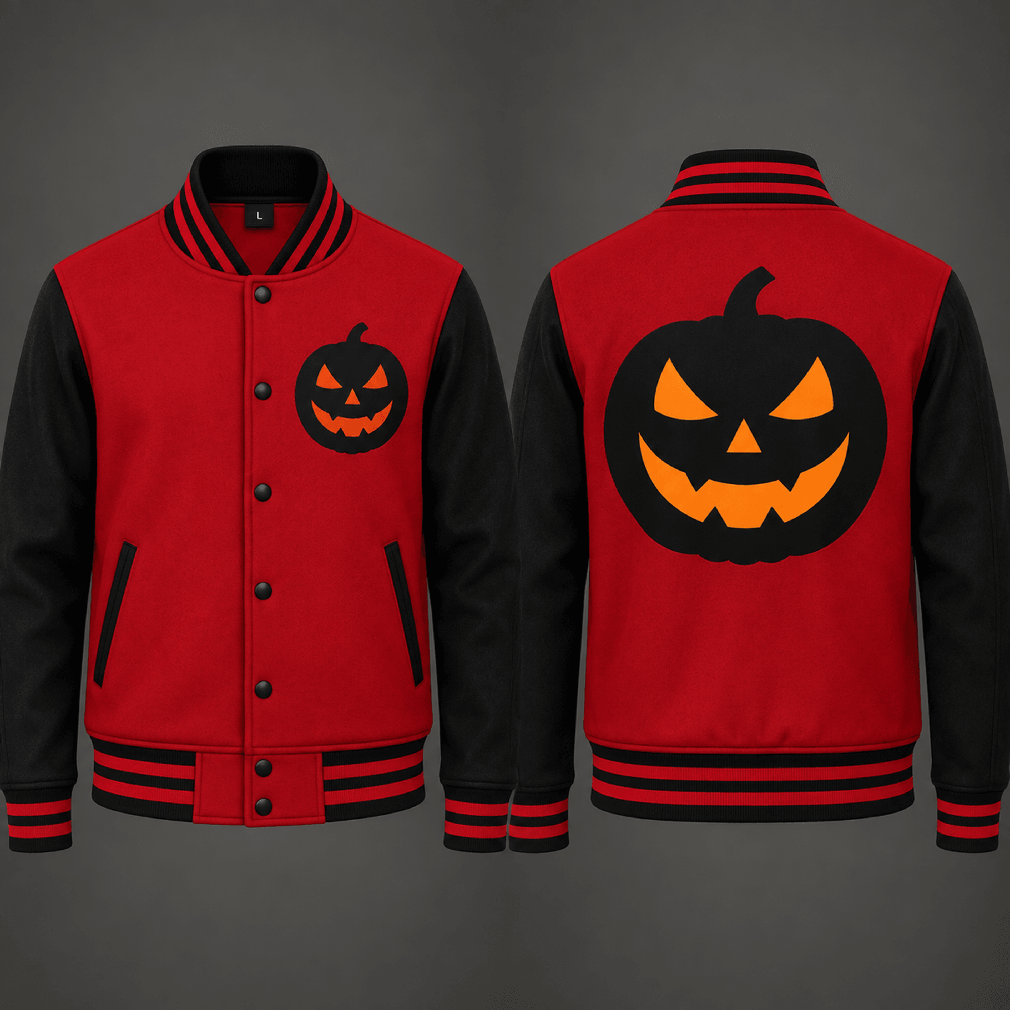 unisex jack o lantern varsity jacket, red black pumpkin halloween jacket, spooky face graphic october gift