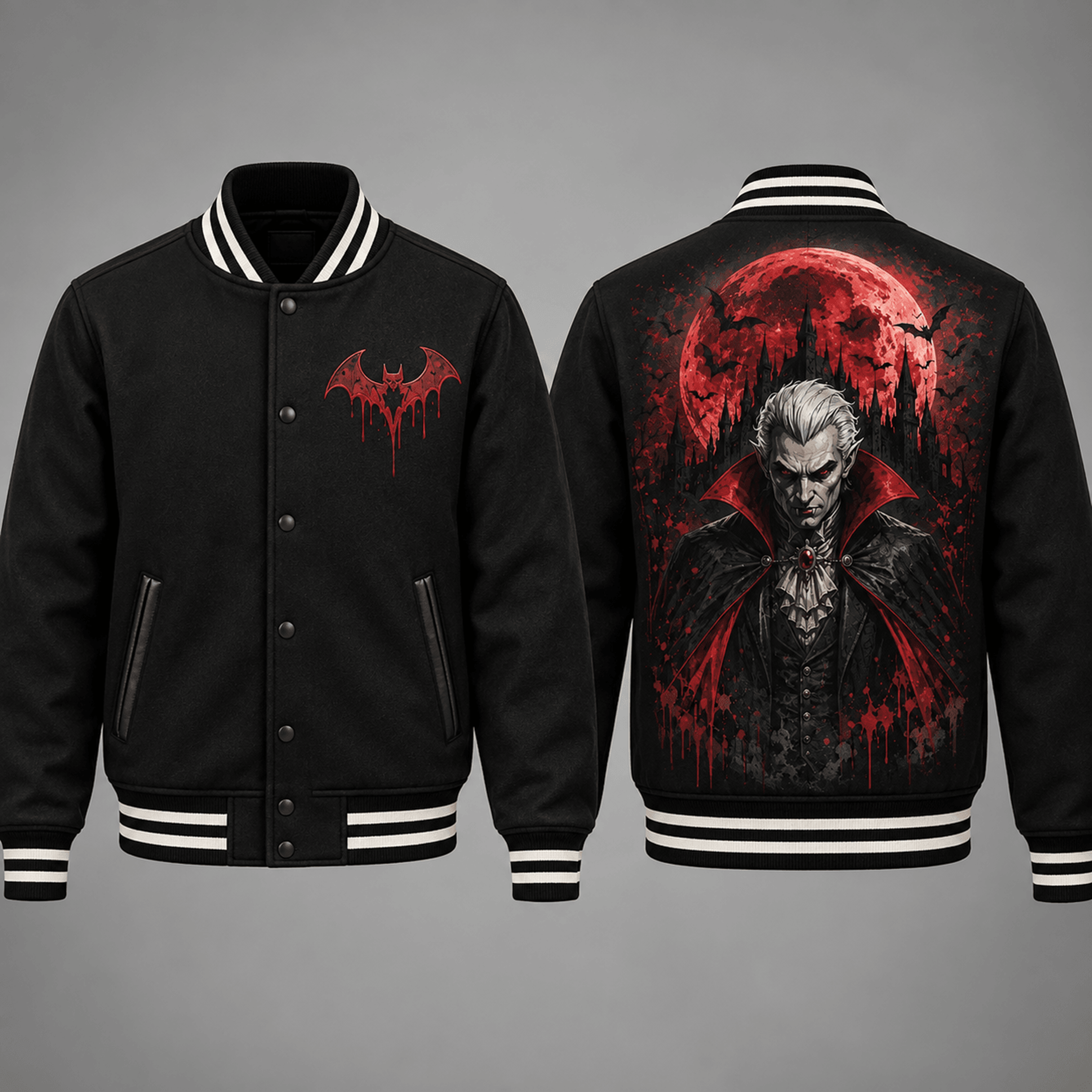 unisex gothic vampire varsity jacket, blood moon bat castle graphic, black red halloween horror jacket
