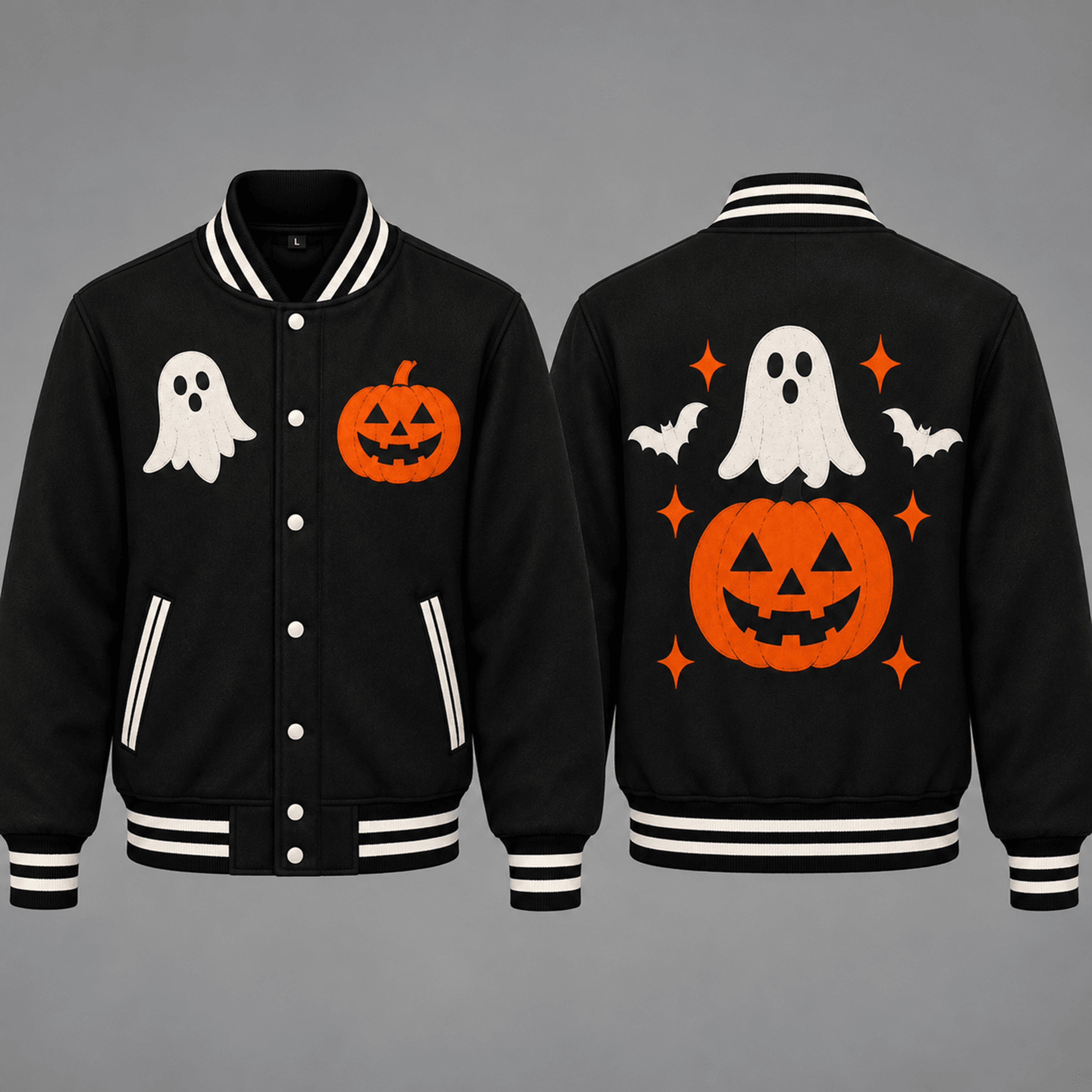 unisex ghost pumpkin varsity jacket, cute jack o lantern bat graphic, black spooky halloween jacket, october gift