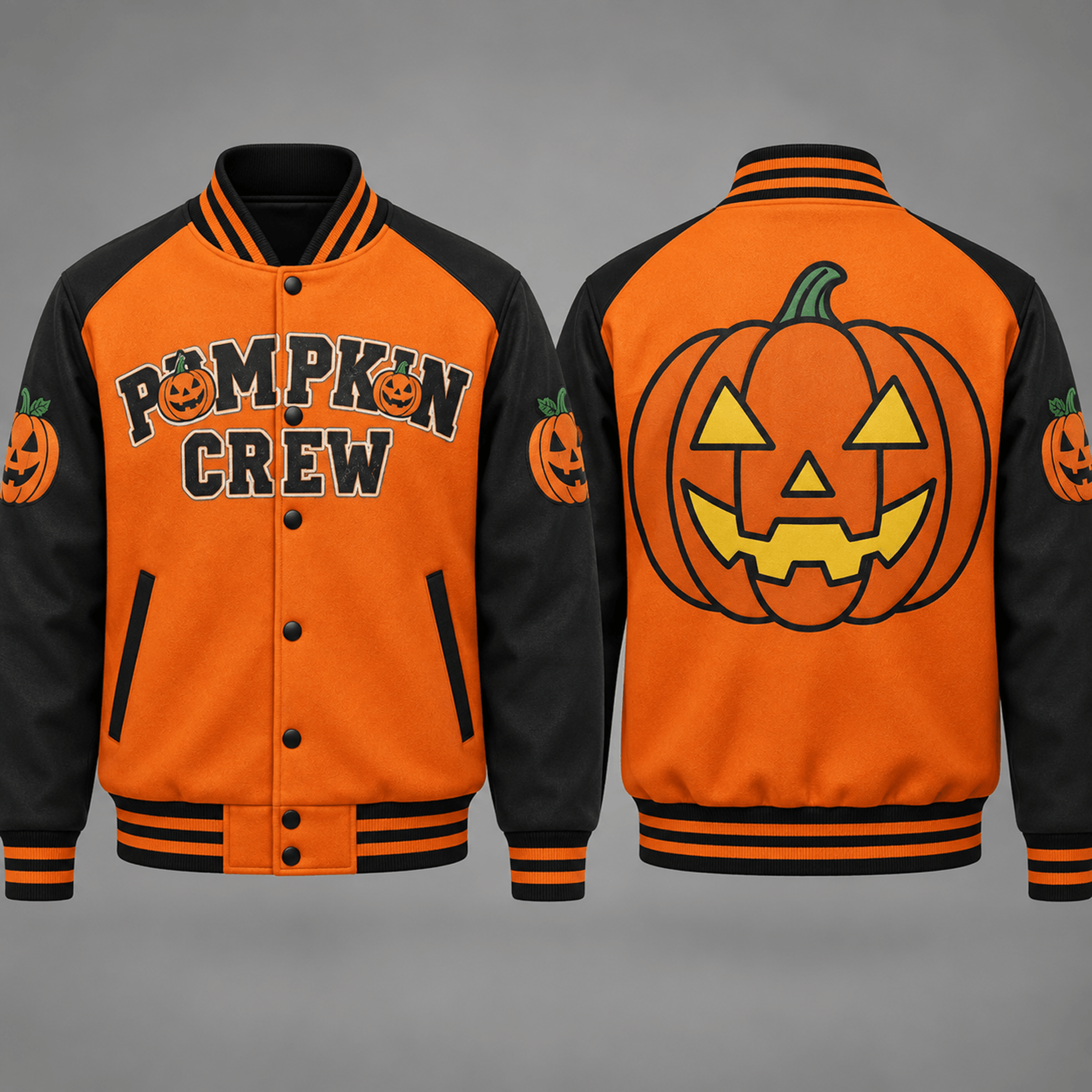 unisex pumpkin crew varsity jacket, jack o lantern graphic, orange black halloween jacket, spooky season gift