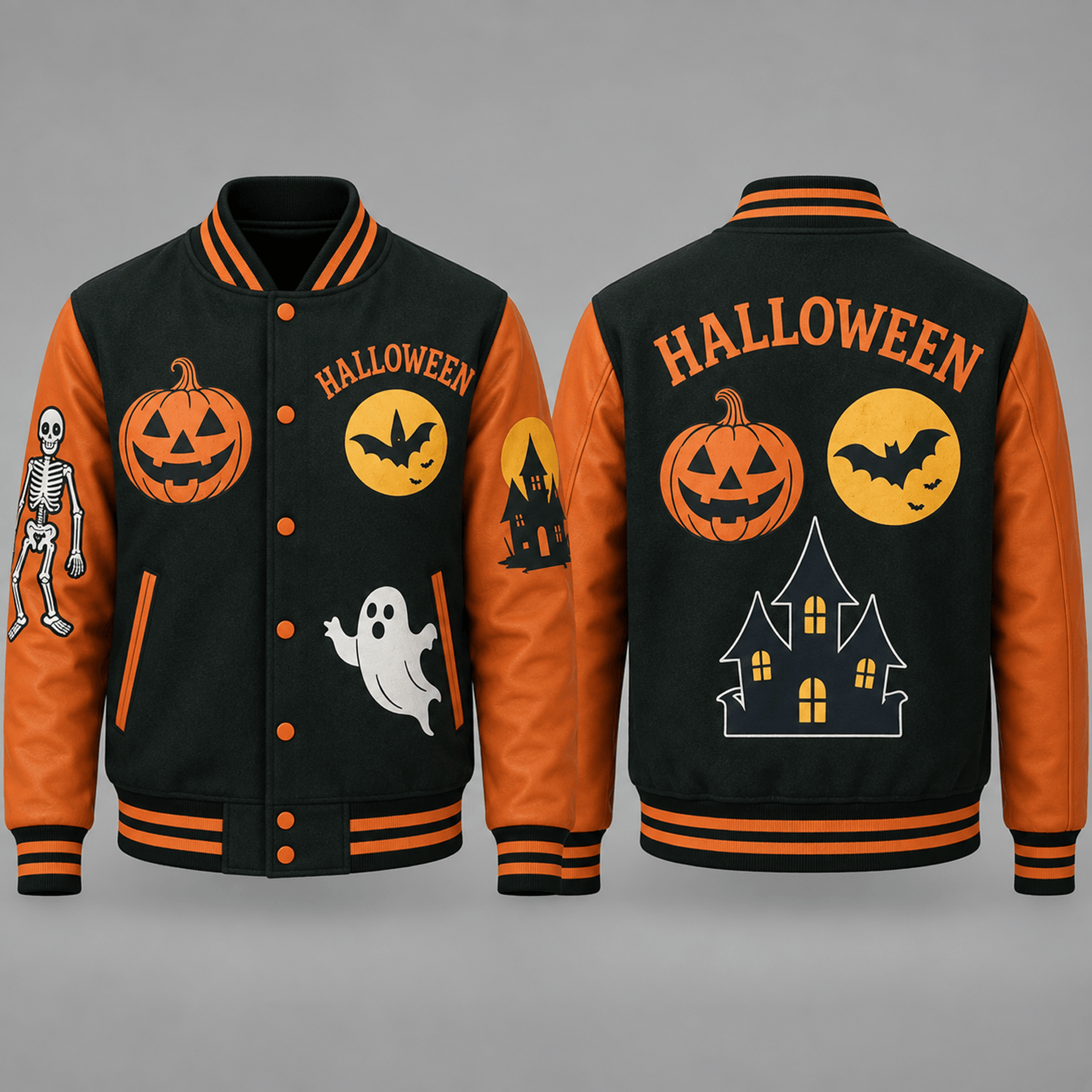 unisex halloween varsity jacket, pumpkin ghost skeleton bat haunted house graphic, orange black spooky jacket