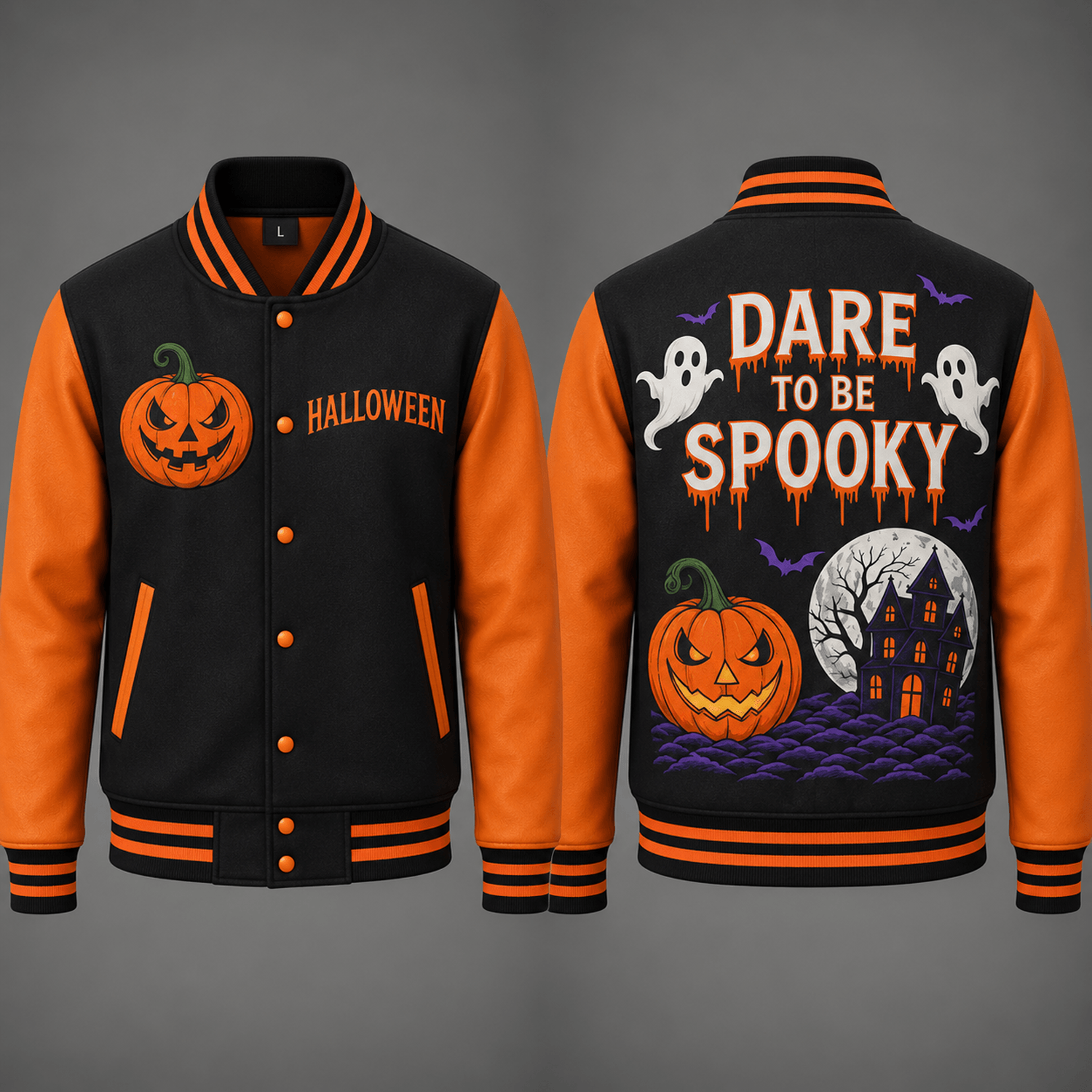 unisex dare to be spooky varsity jacket, ghost pumpkin haunted house bat graphic, black orange halloween jacket