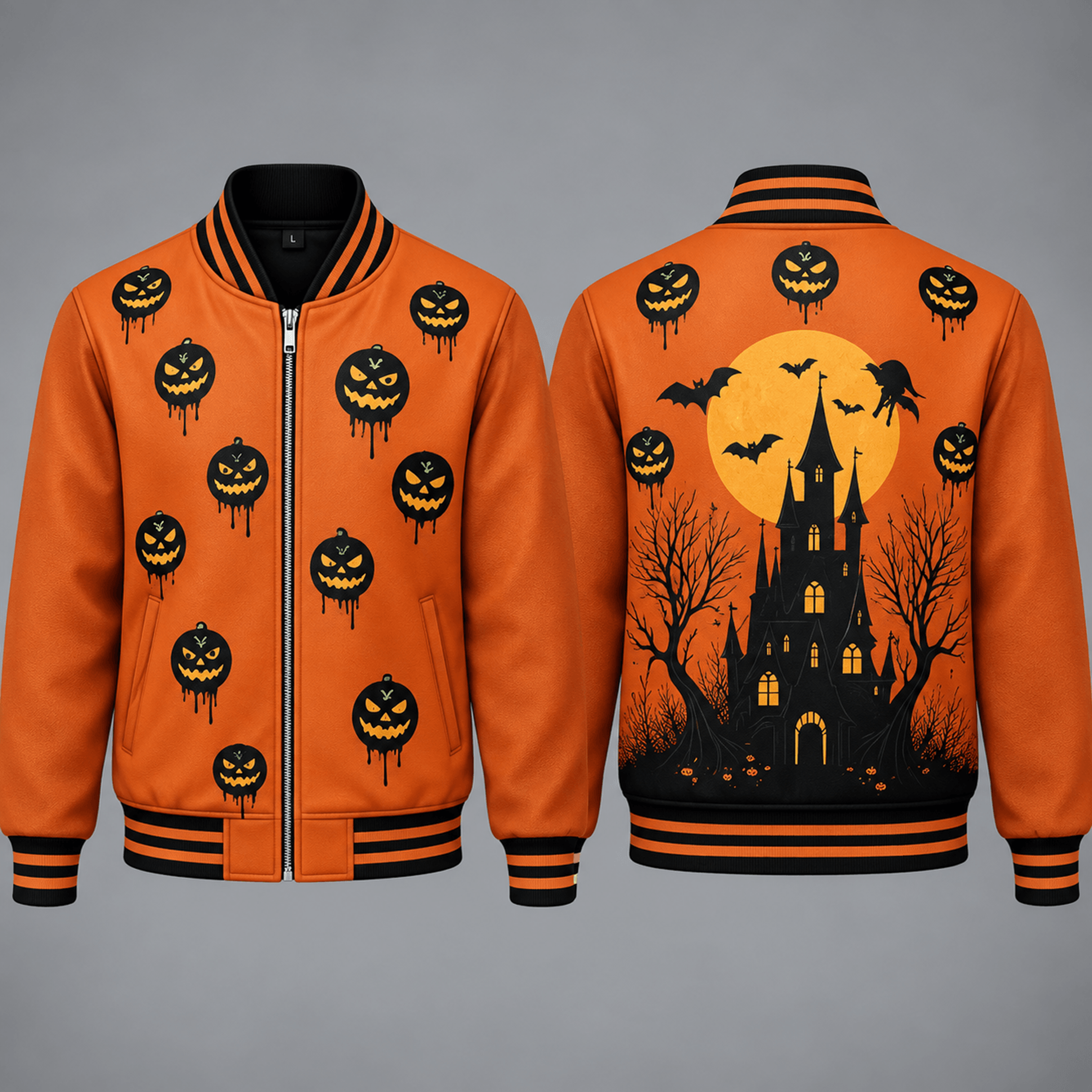 unisex haunted castle varsity jacket, dripping jack o lantern pumpkin pattern, orange halloween night jacket