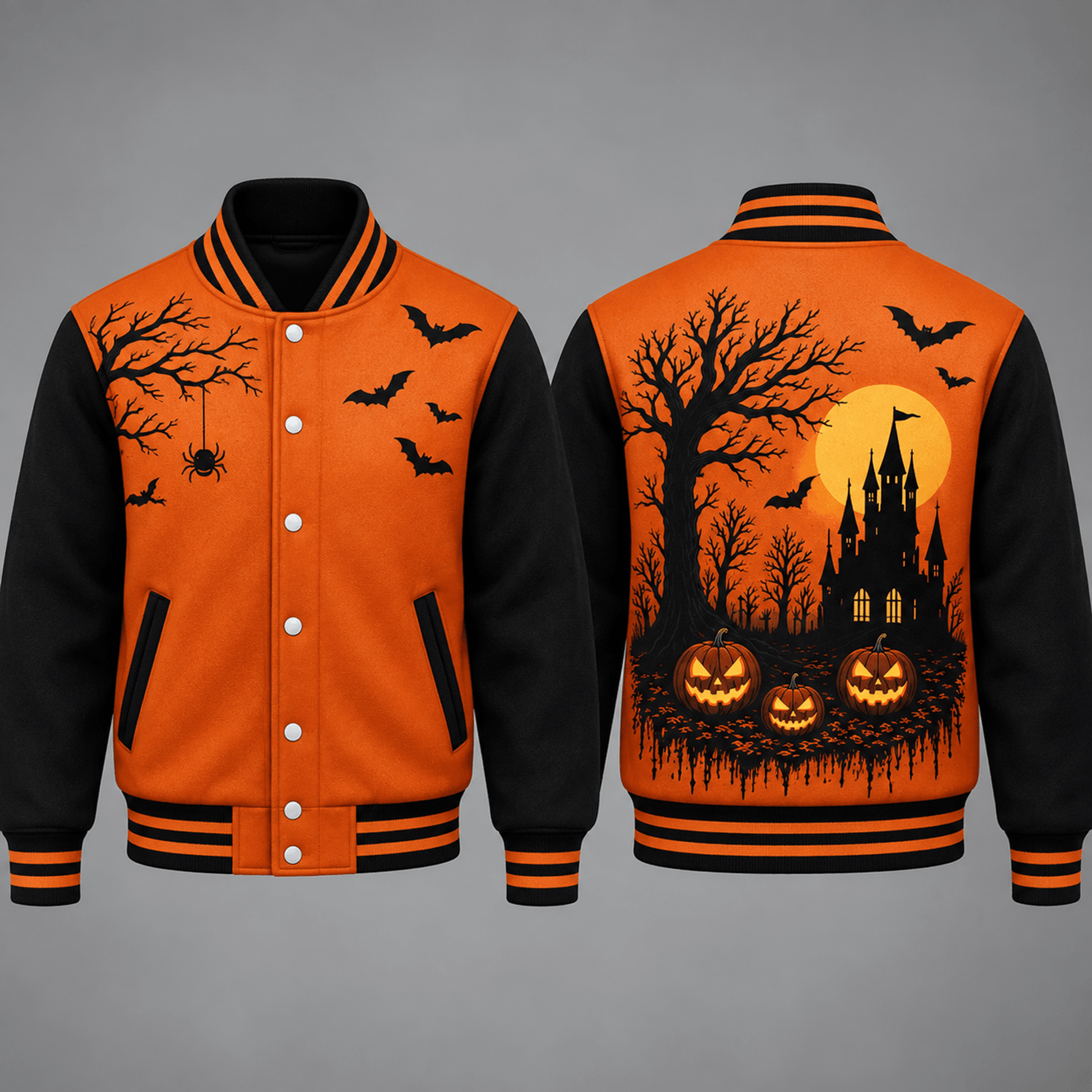 unisex haunted forest varsity jacket, jack o lantern pumpkin castle bat spider graphic, orange black halloween jacket